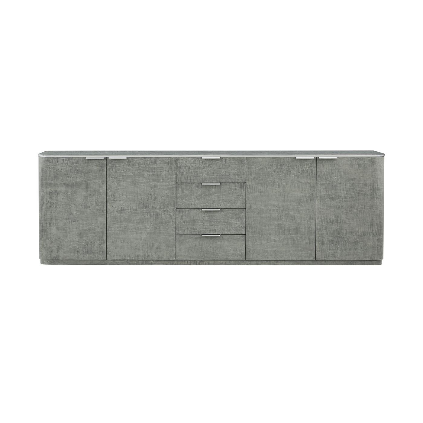 This stunning piece features a sleek, pebble grey finish that enhances its sophisticated Art Deco design. The sideboard offers ample storage space with its combination of cabinets and drawers, making it perfect for organizing your dining essentials
