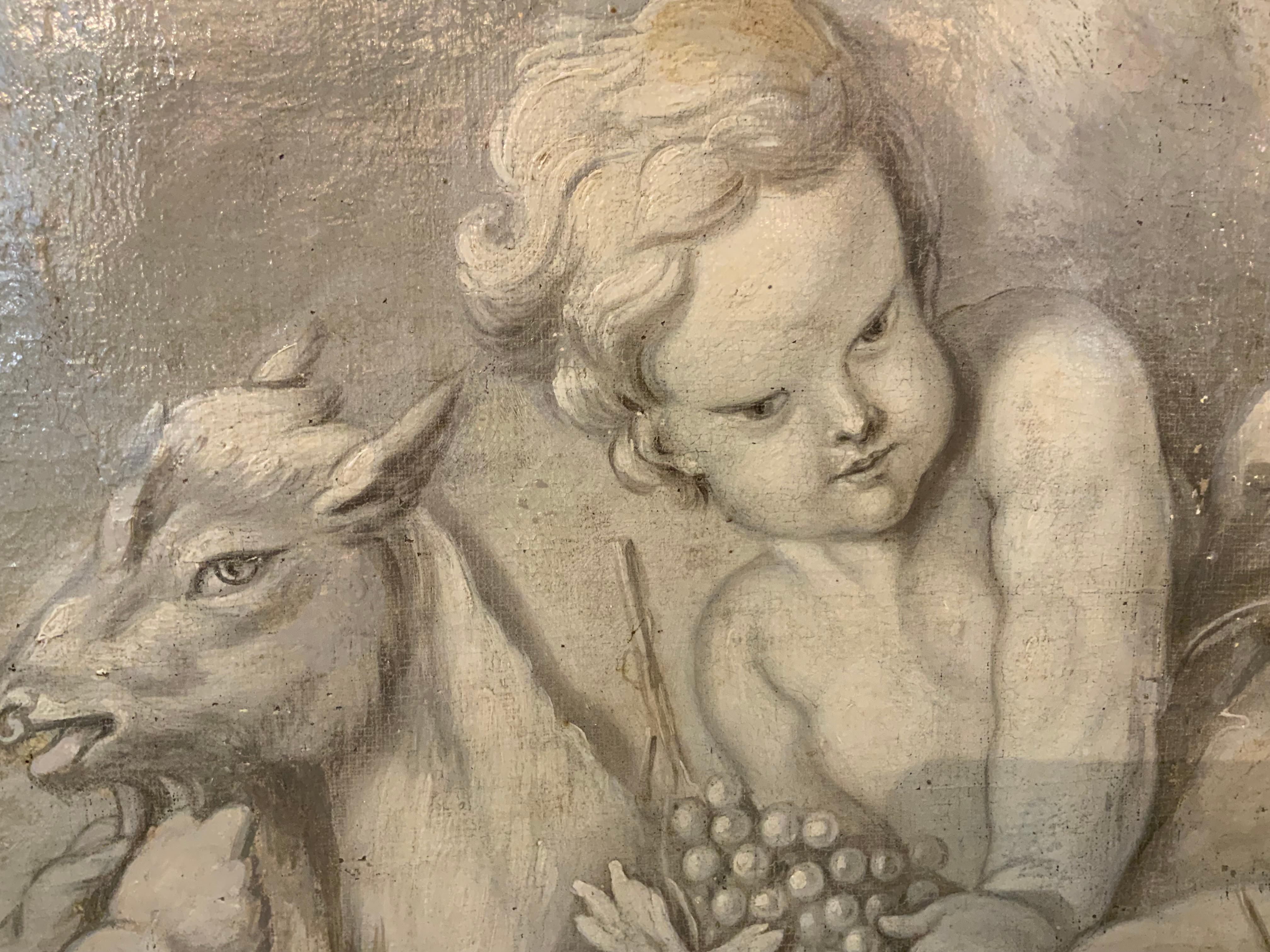 Este es un encantador ejemplo de pintura tipo Grisalle
En tonos grises con marco pintado.  Este cuadro 
Representa querubines retozando a lomos de un carnero. Es en general
Buen estado sin problemas.