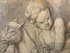 Large grisalle painting of cherubs in gray painted frame