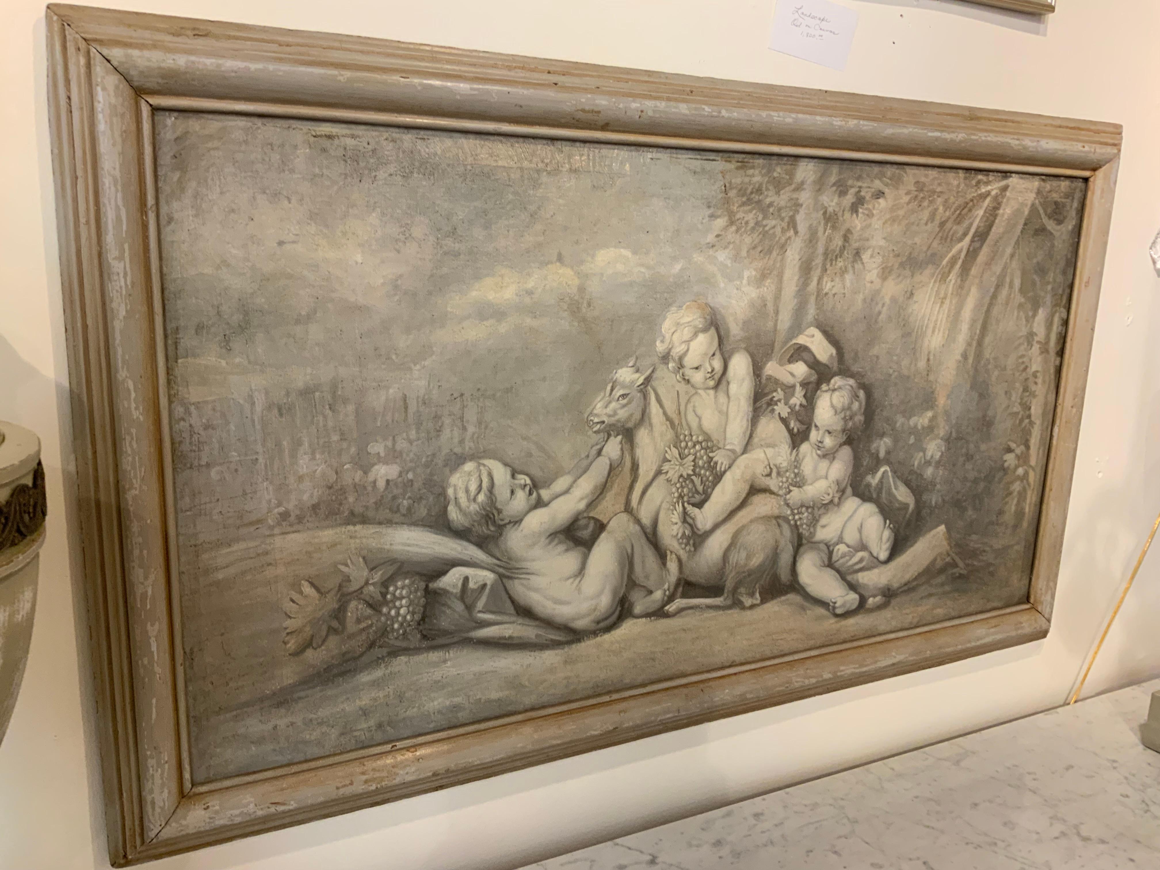 Gran cuadro grisalle de querubines en marco pintado de gris siglo XIX en venta