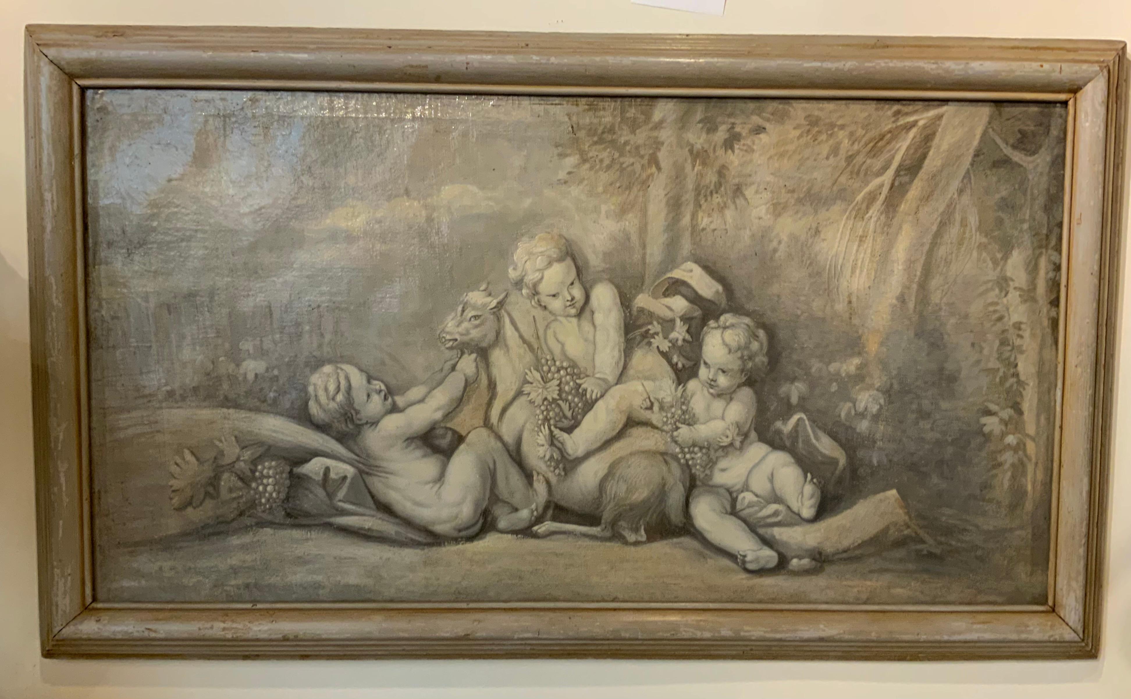 Gran cuadro grisalle de querubines en marco pintado de gris en venta 2