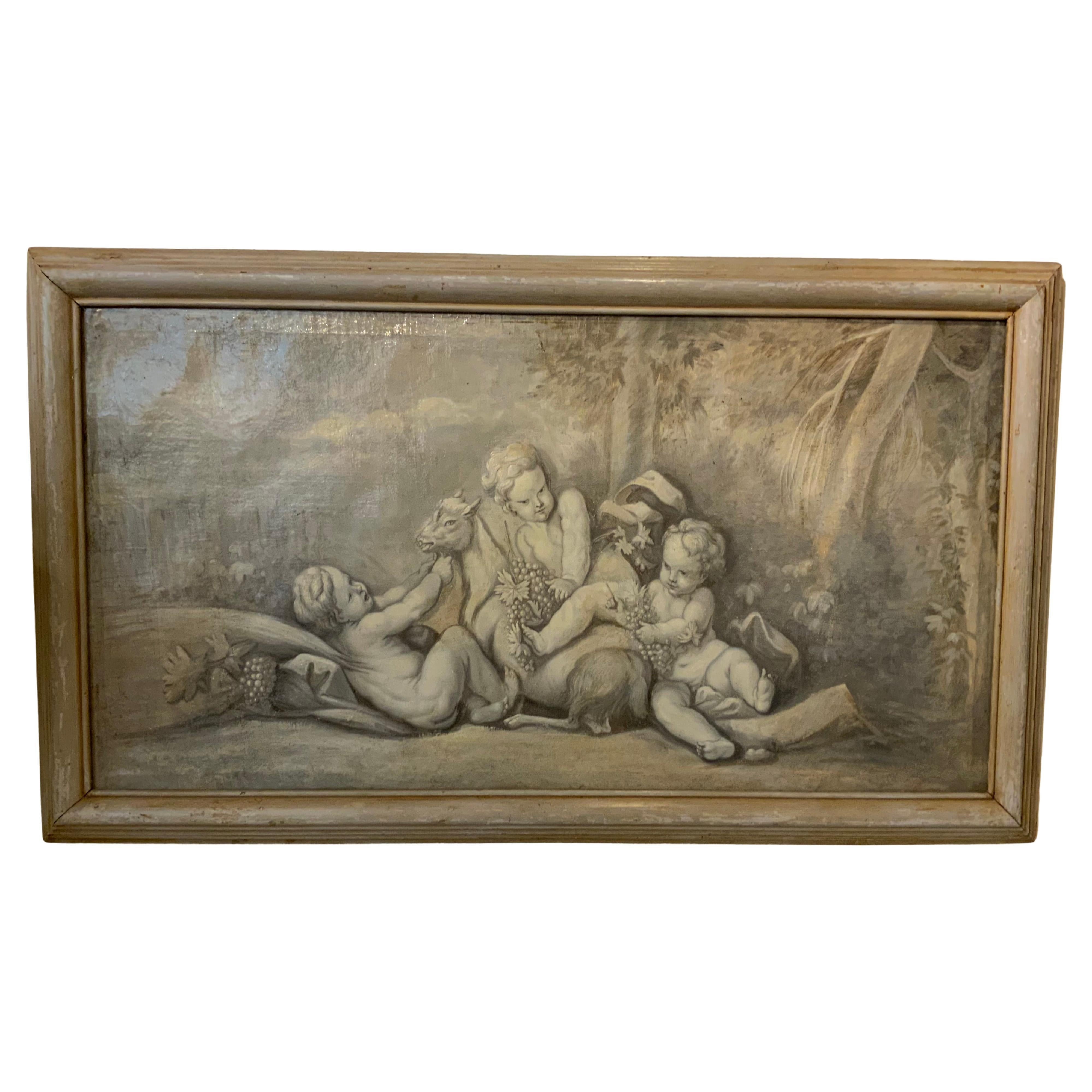 Large grisalle painting of cherubs in gray painted frame