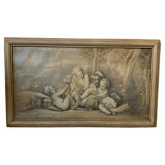Large grisalle painting of cherubs in gray painted frame