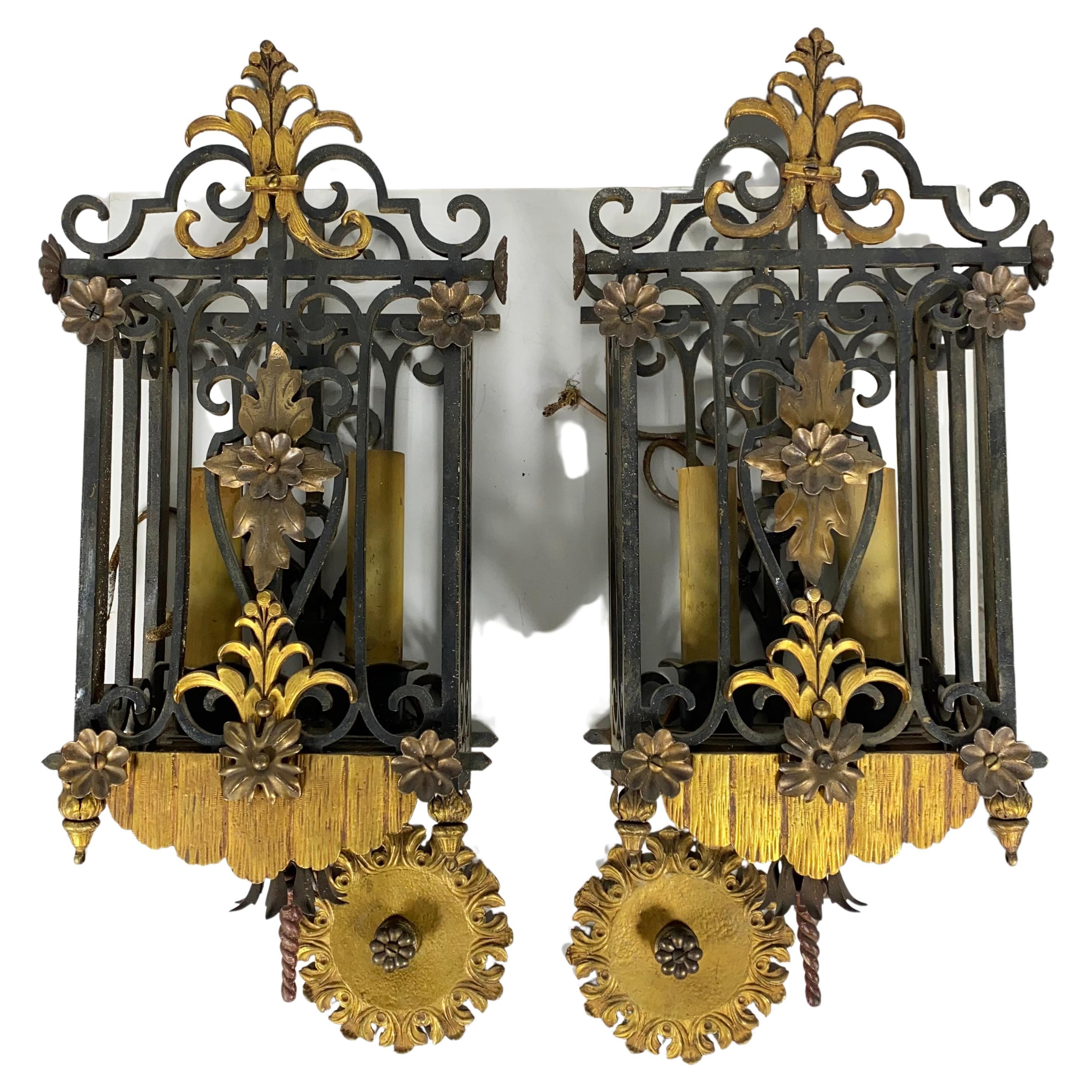 Gothic Revival Large group Antique French Gothic , Iron and Gilt wall sconce's For Sale