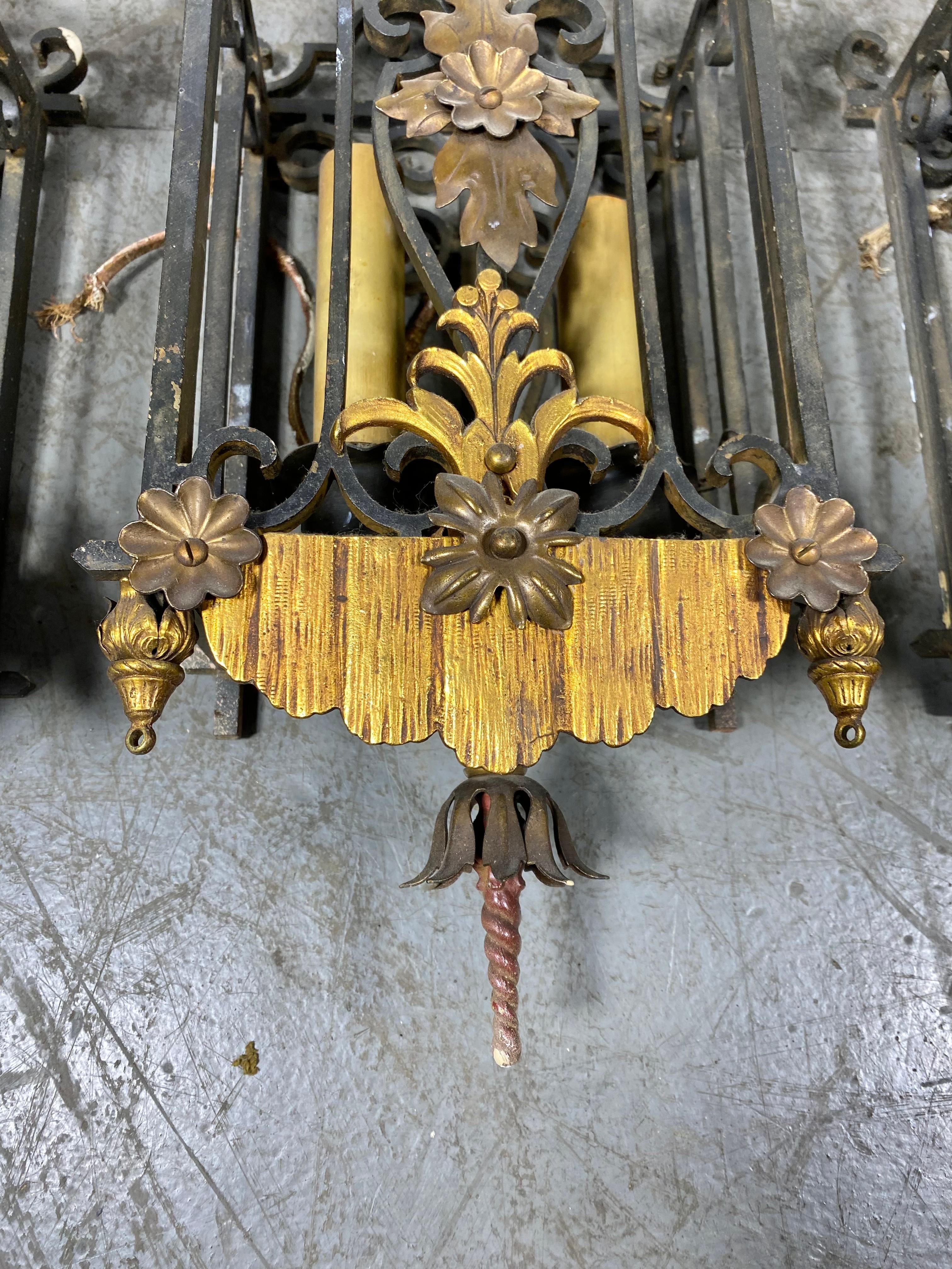 Large group Antique French Gothic , Iron and Gilt wall sconce's In Good Condition For Sale In Buffalo, NY