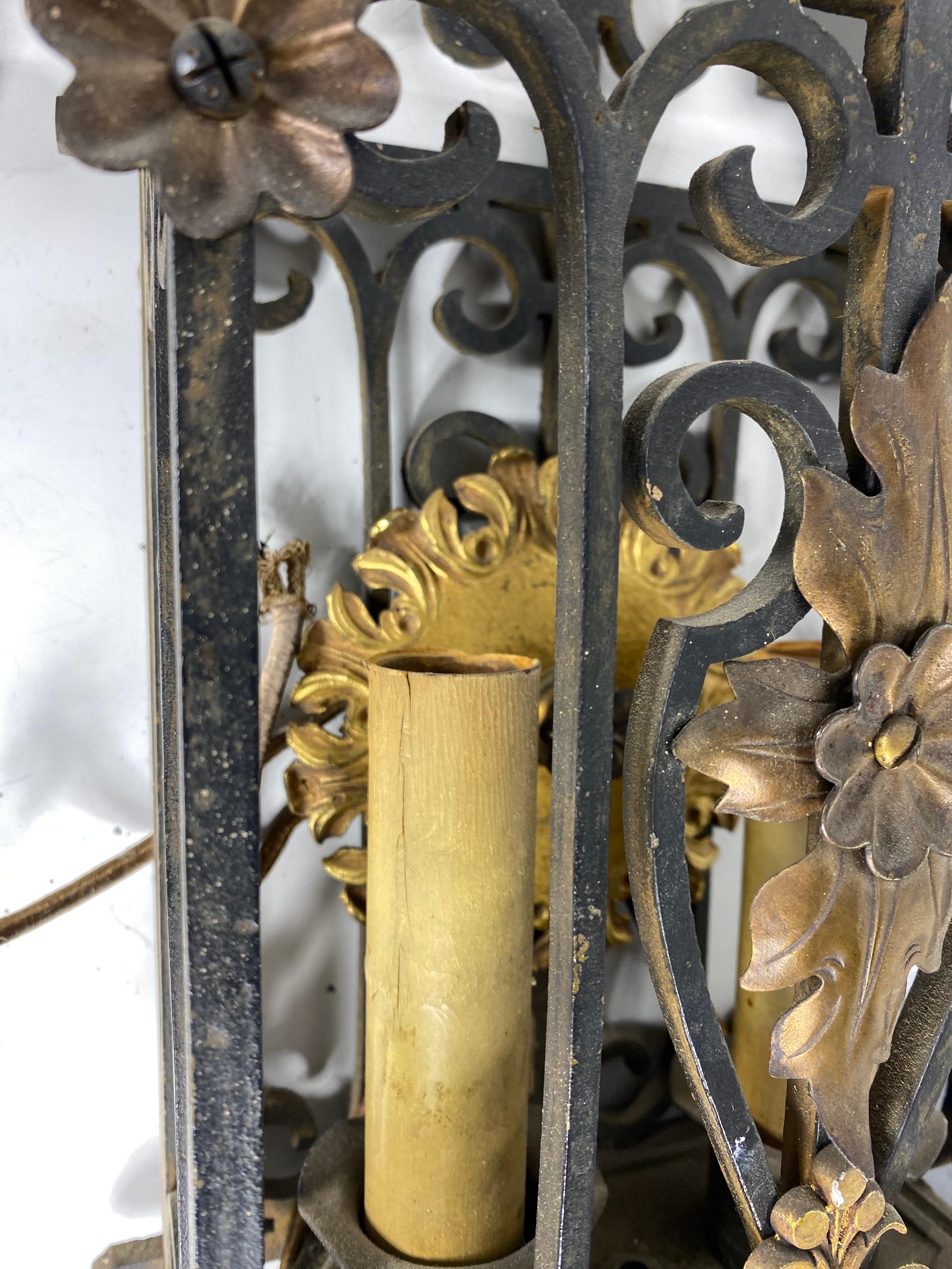 Metal Large group Antique French Gothic , Iron and Gilt wall sconce's For Sale