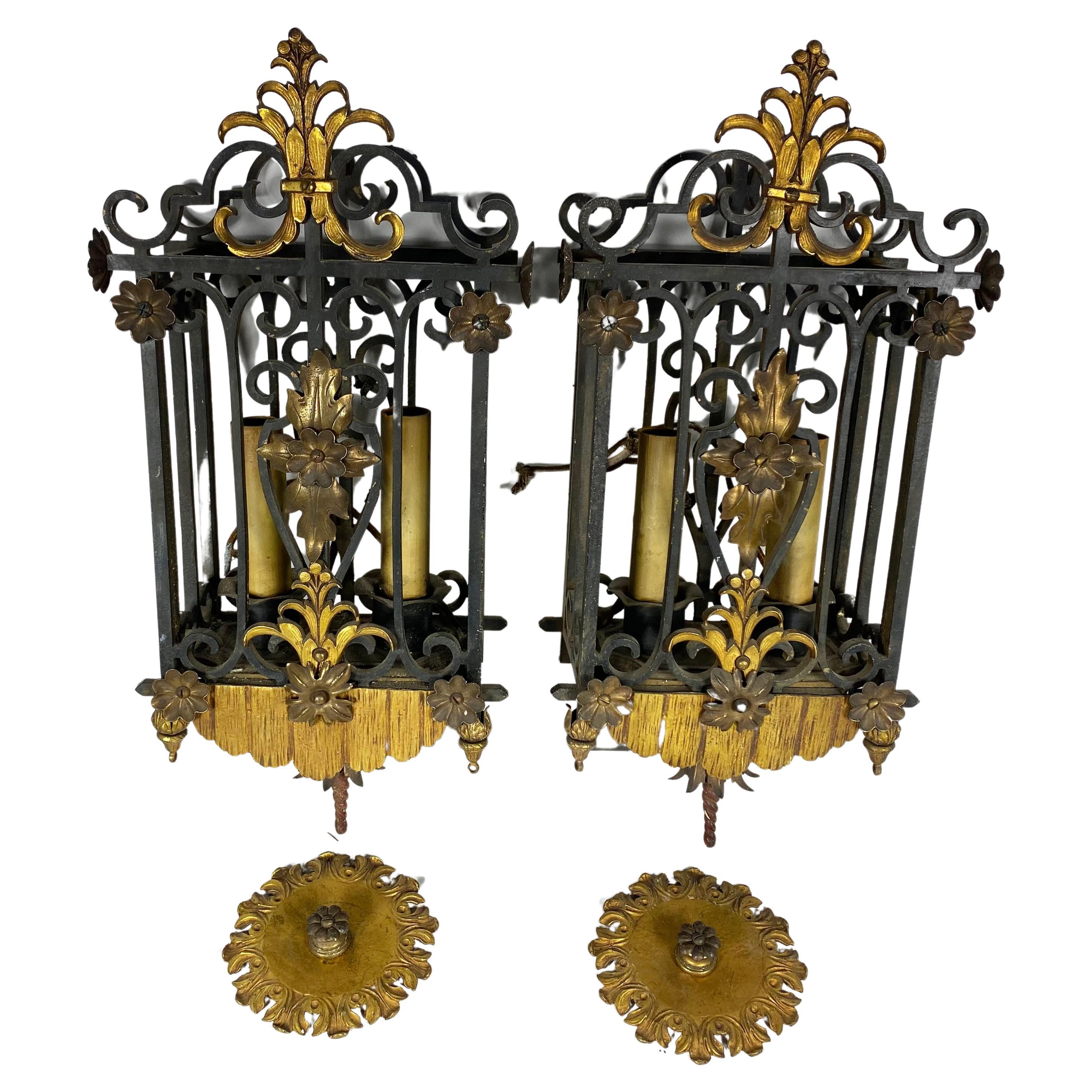 Large group Antique French Gothic , Iron and Gilt wall sconce's