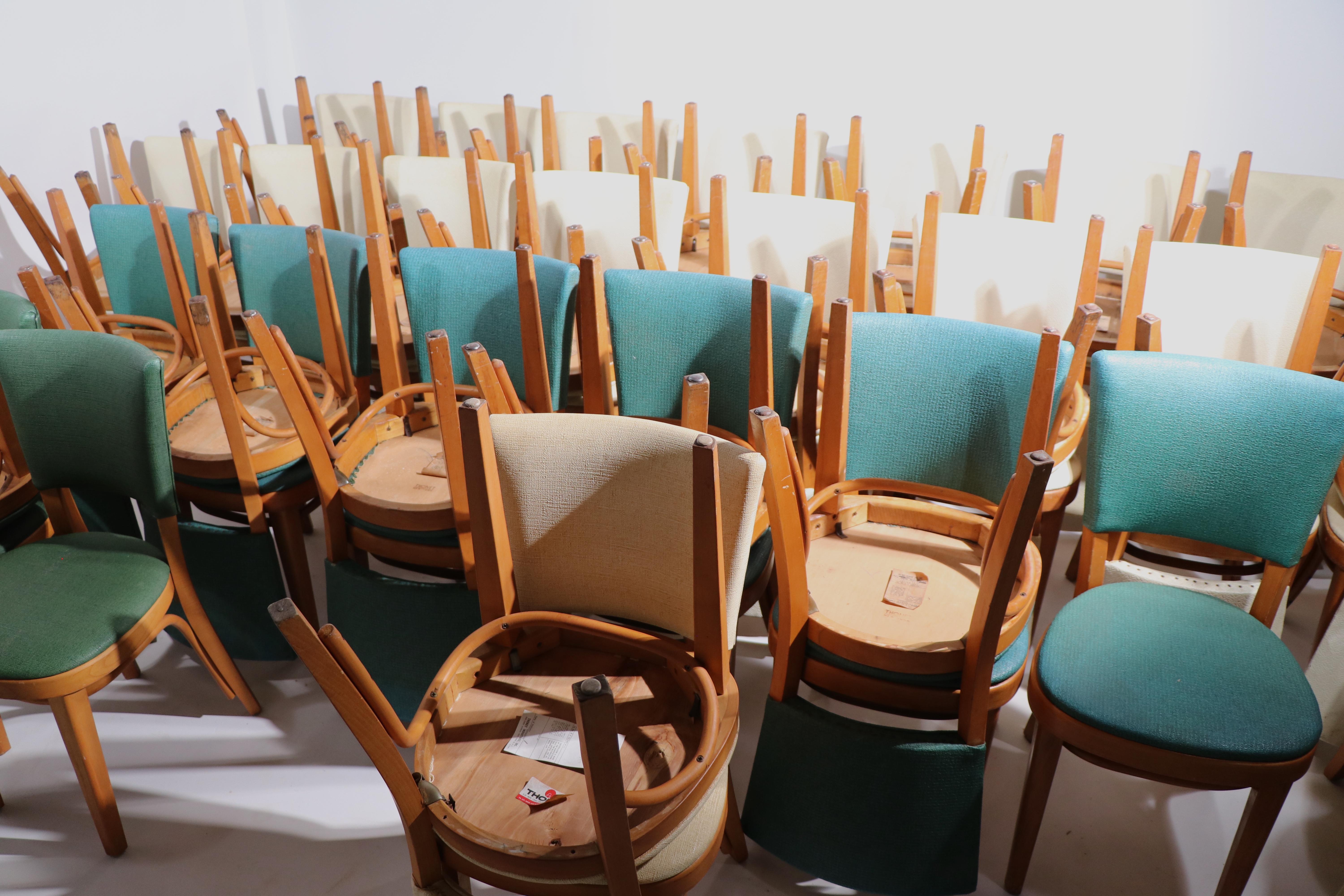 Large group of Mid Century Thonet restaurant, cafe, dining chairs, 46 pieces, in 3 colors. We are offering these chairs, individually. All are in good, clean, ready to use original condition. pieces, which come in 3 colors as follows:
46  Chairs
36