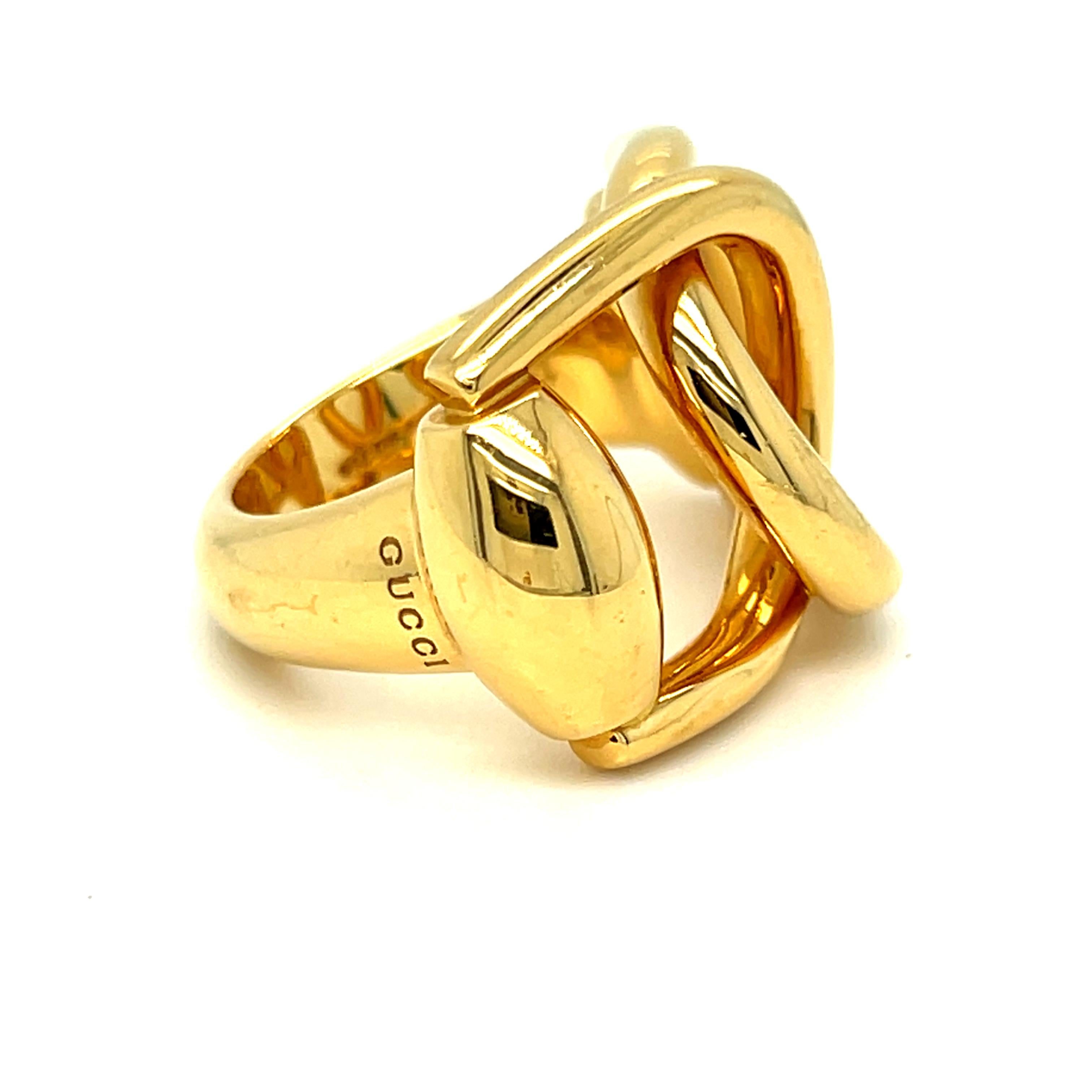 LOVE the simple, classic styling of this GUCCI Ring. 18K Yellow Gold, Horsebit style, super heavy on the gold, fully stamped. What is not to LOVE?? 

Other Important Details: 
Size 13 - made to fit a 6.75.
Stamped 