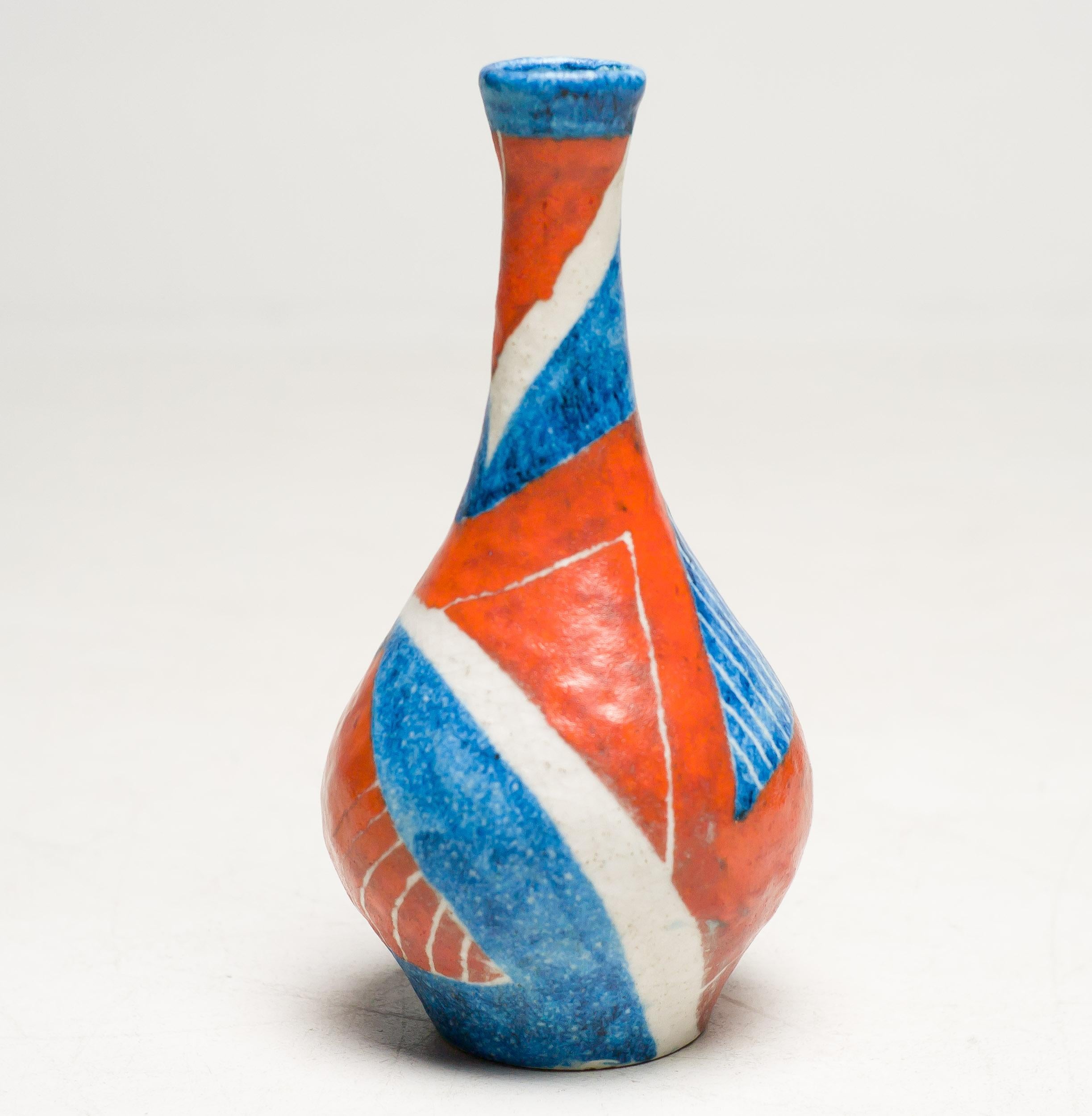 An exceptional large-scale, hand-thrown ceramic vase with applied abstract glaze in vibrant orange, blue and white.
This piece has a beautiful presence and is in marvellous original condition.
Signed 'Gambone Italy' with donkey mark.

    