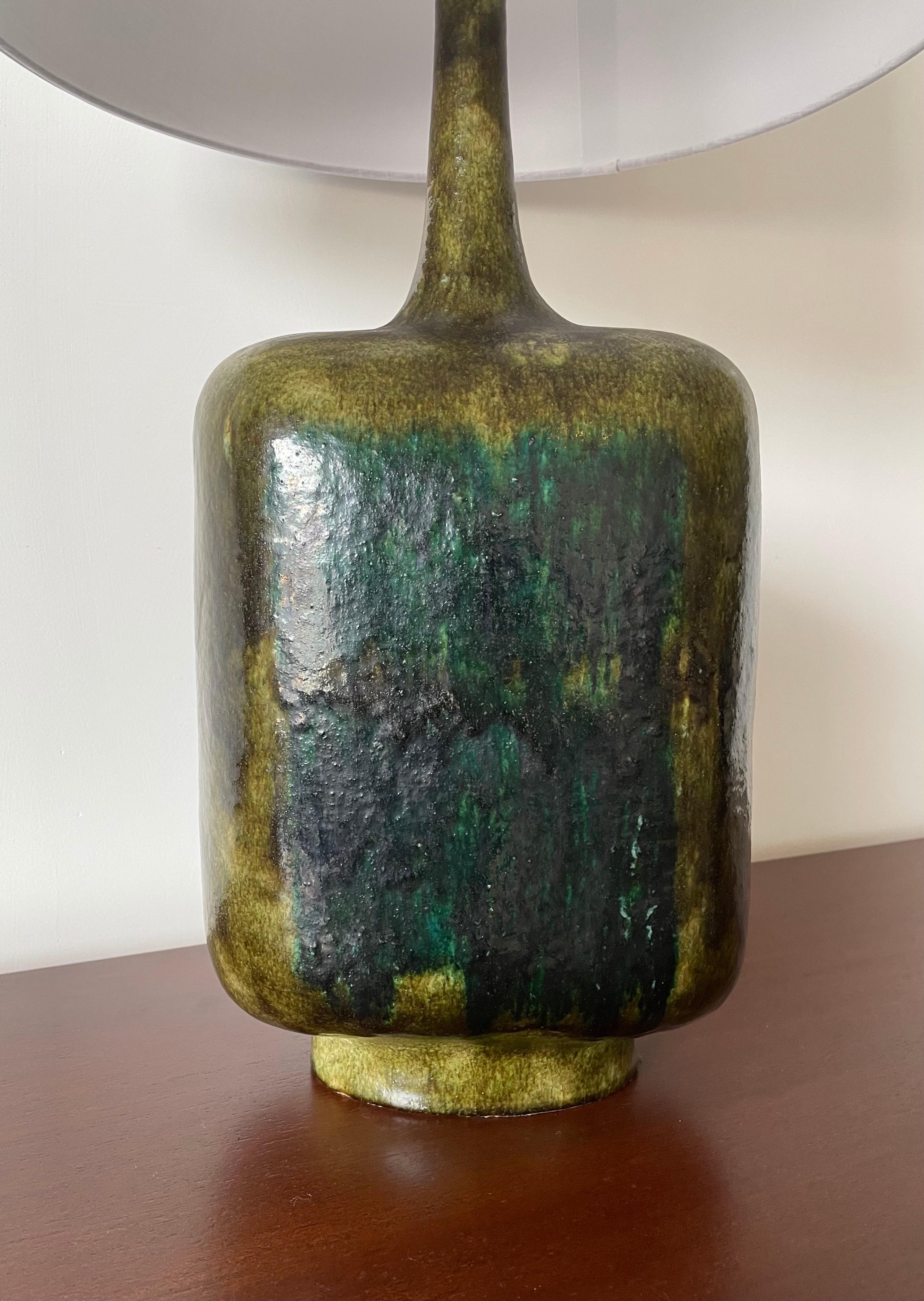 Large table lamp by Guido Gambone. Unusual colors in comparison to much of his work.

Overall:
30” tall
17” wide shade 

Ceramic:
18.5” ceramic 
9.25” wide
6.5” deep.