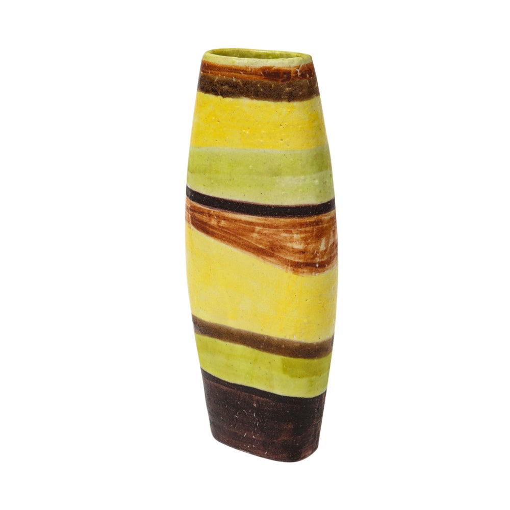Guido Gambone vase, ceramic, yellow, stripes, signed. Large scale hand thrown pottery vase glazed in yellow, pale green, and eggplant horizontal stripes. Signed with 
