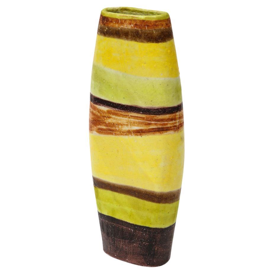Italian Large Guido Gambone Vase, Ceramic, Yellow, Green, Stripes, Signed