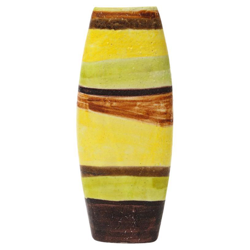 Large Guido Gambone Vase, Ceramic, Yellow, Green, Stripes, Signed