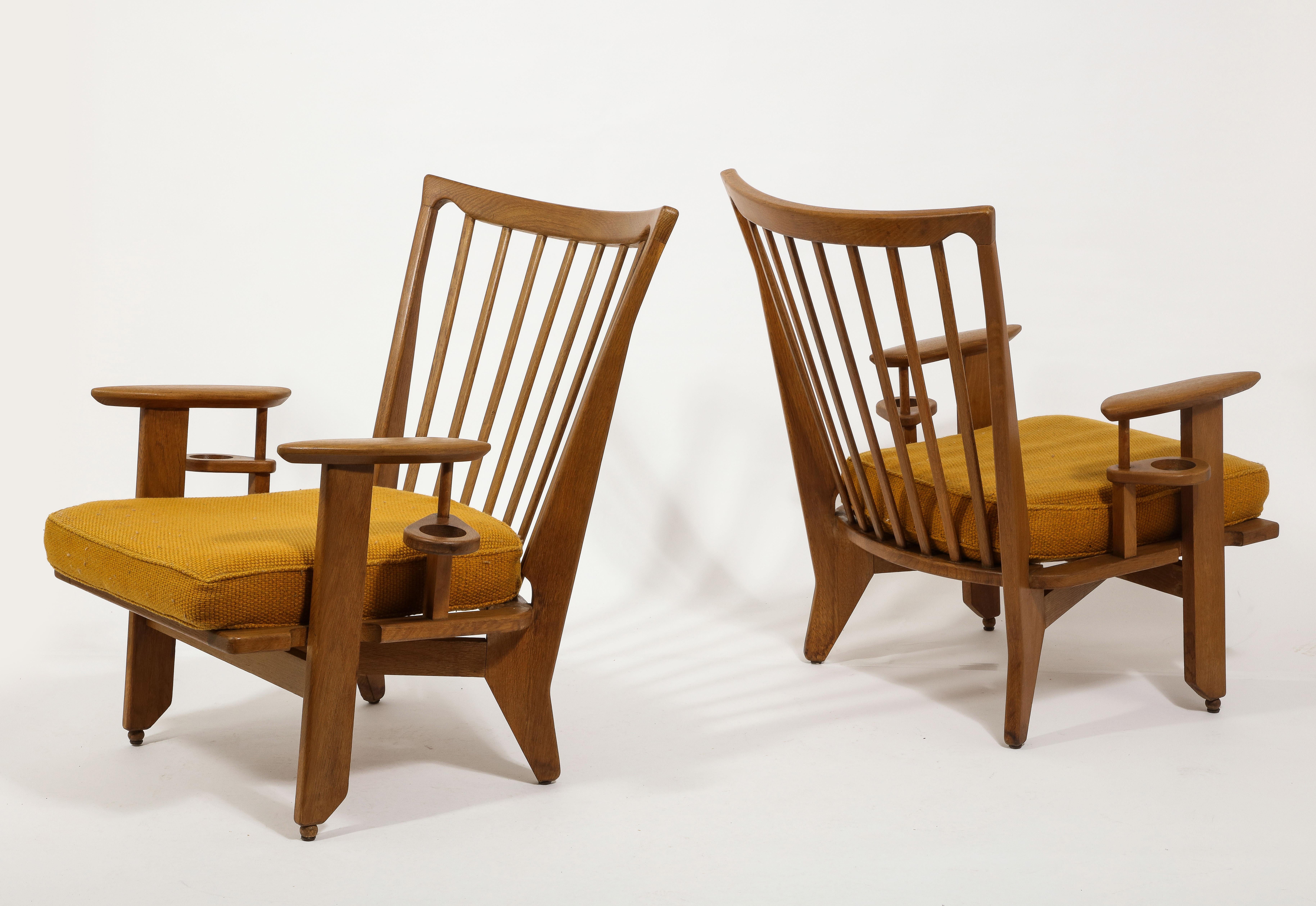 Large Oak & Wool Guillerme & Chambron Armchairs, France 1960's For Sale 5