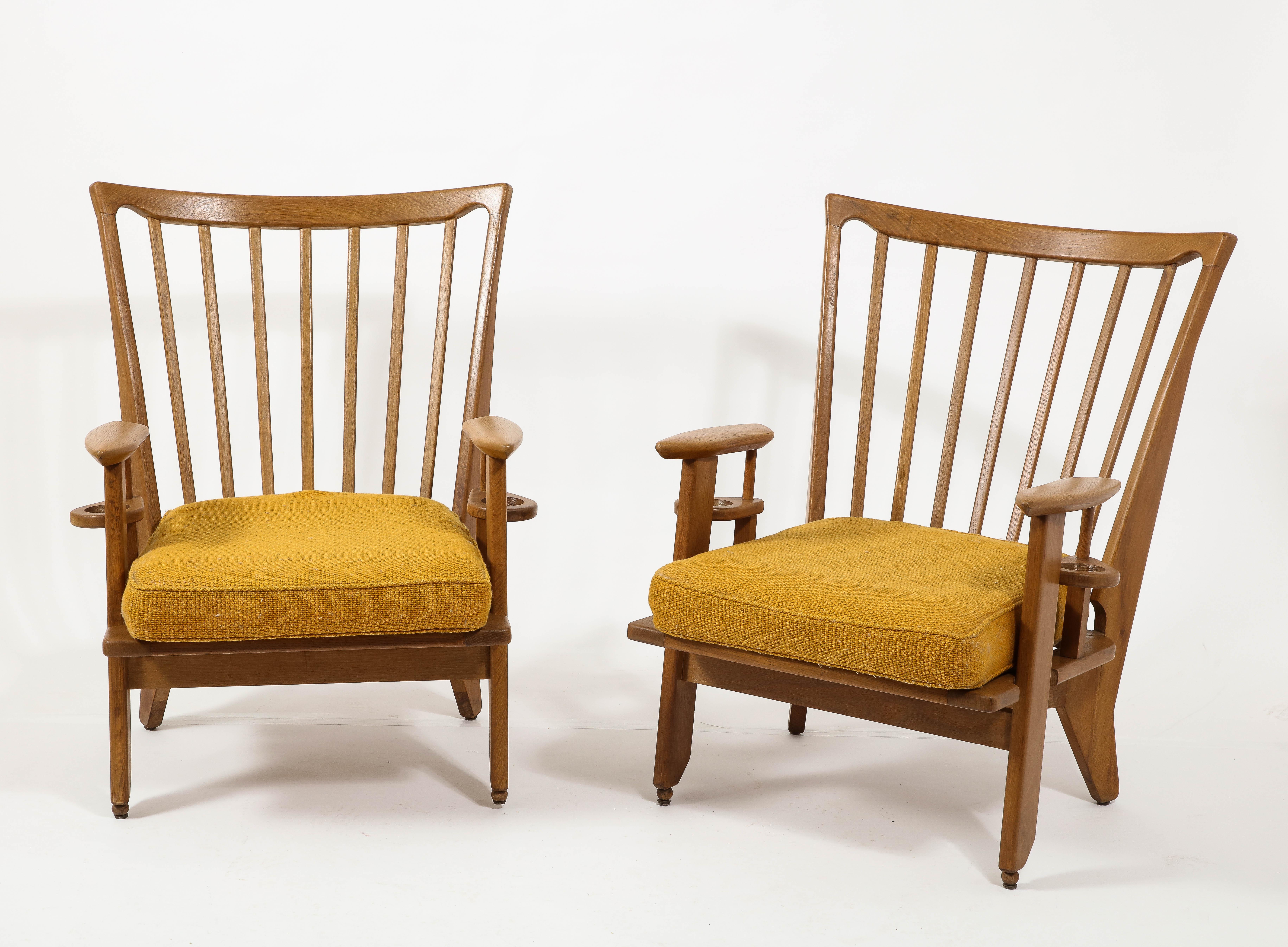 Mid-Century Modern Large Oak & Wool Guillerme & Chambron Armchairs, France 1960's For Sale