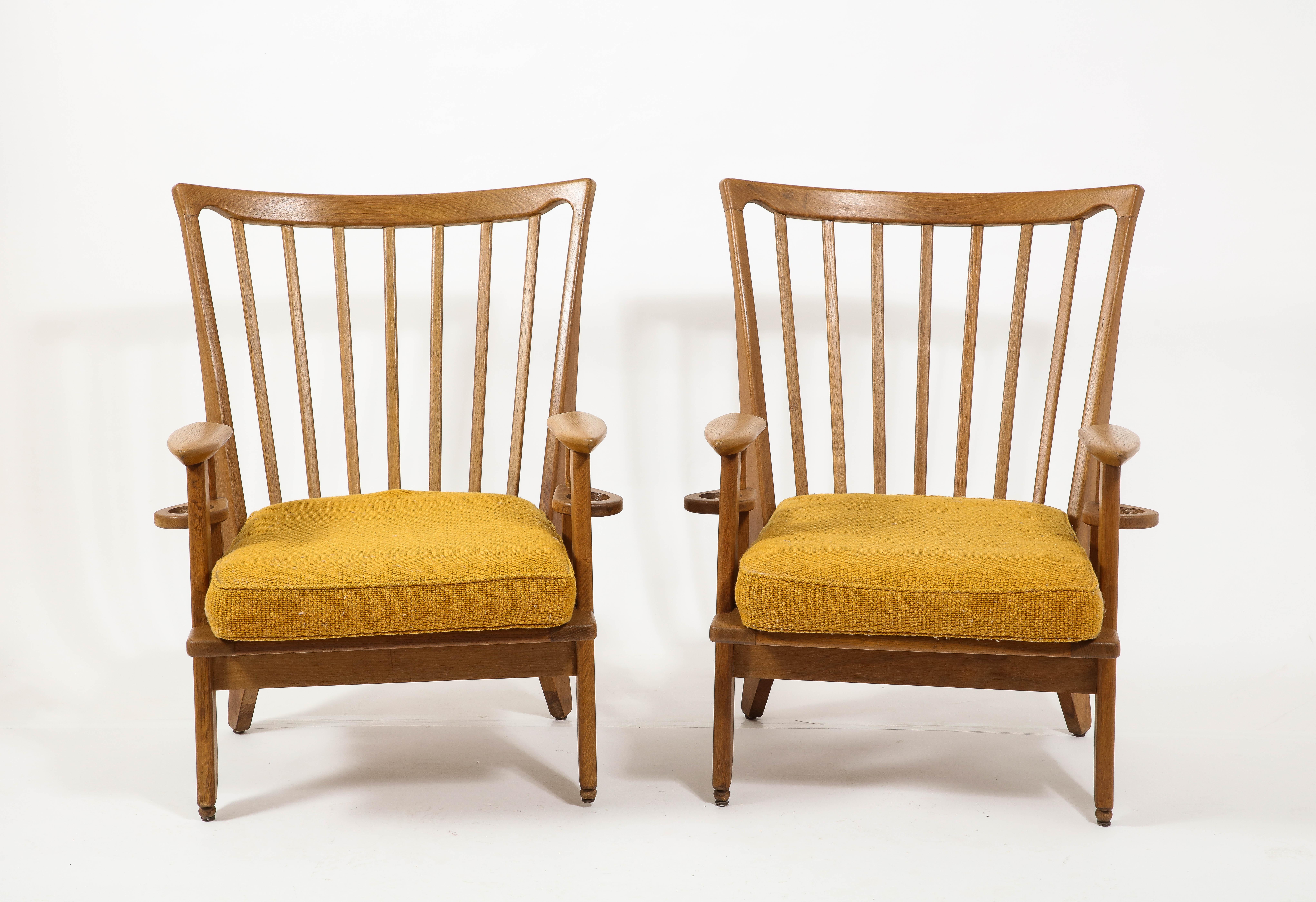 French Large Oak & Wool Guillerme & Chambron Armchairs, France 1960's For Sale