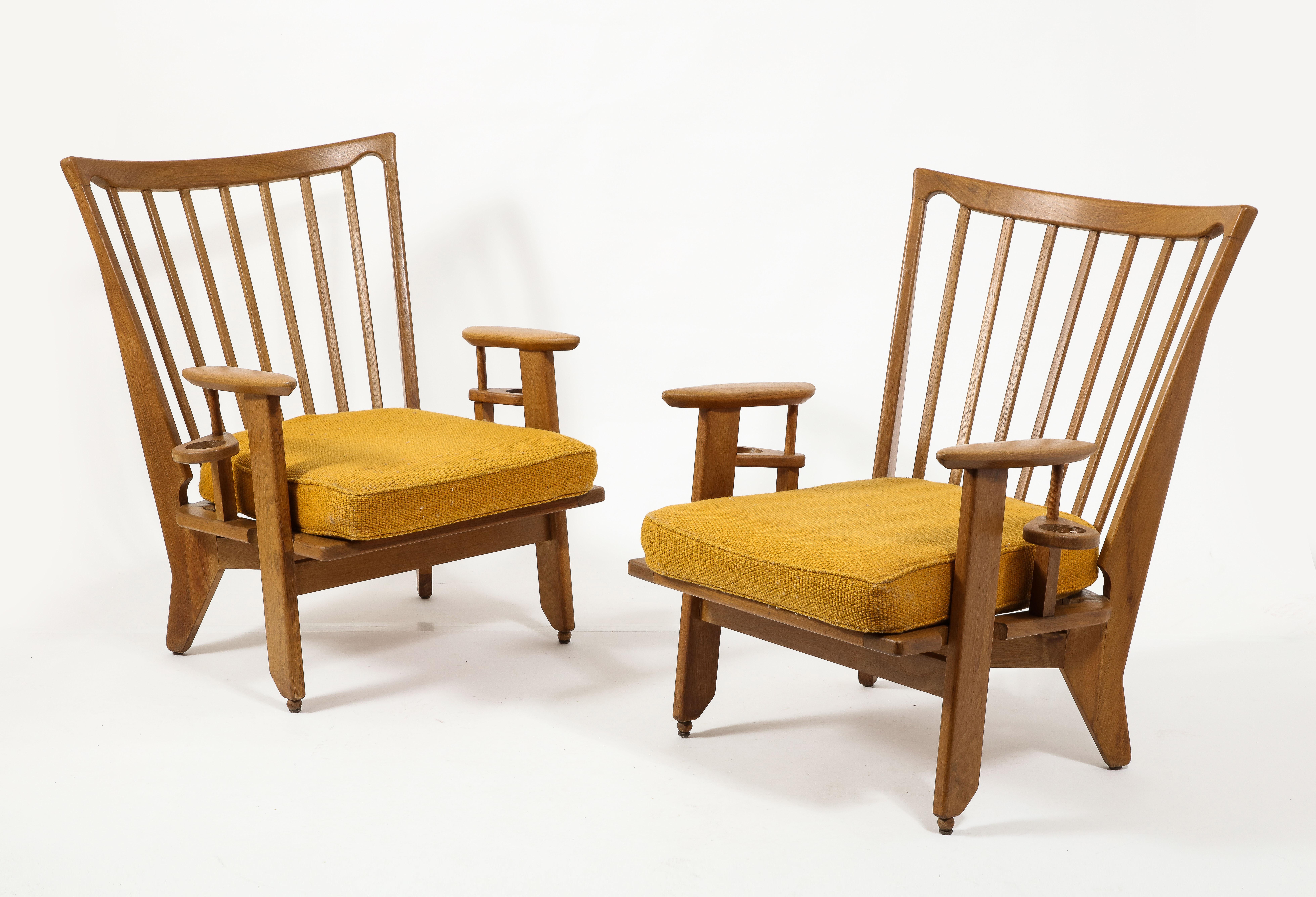 Large Oak & Wool Guillerme & Chambron Armchairs, France 1960's In Good Condition For Sale In New York, NY