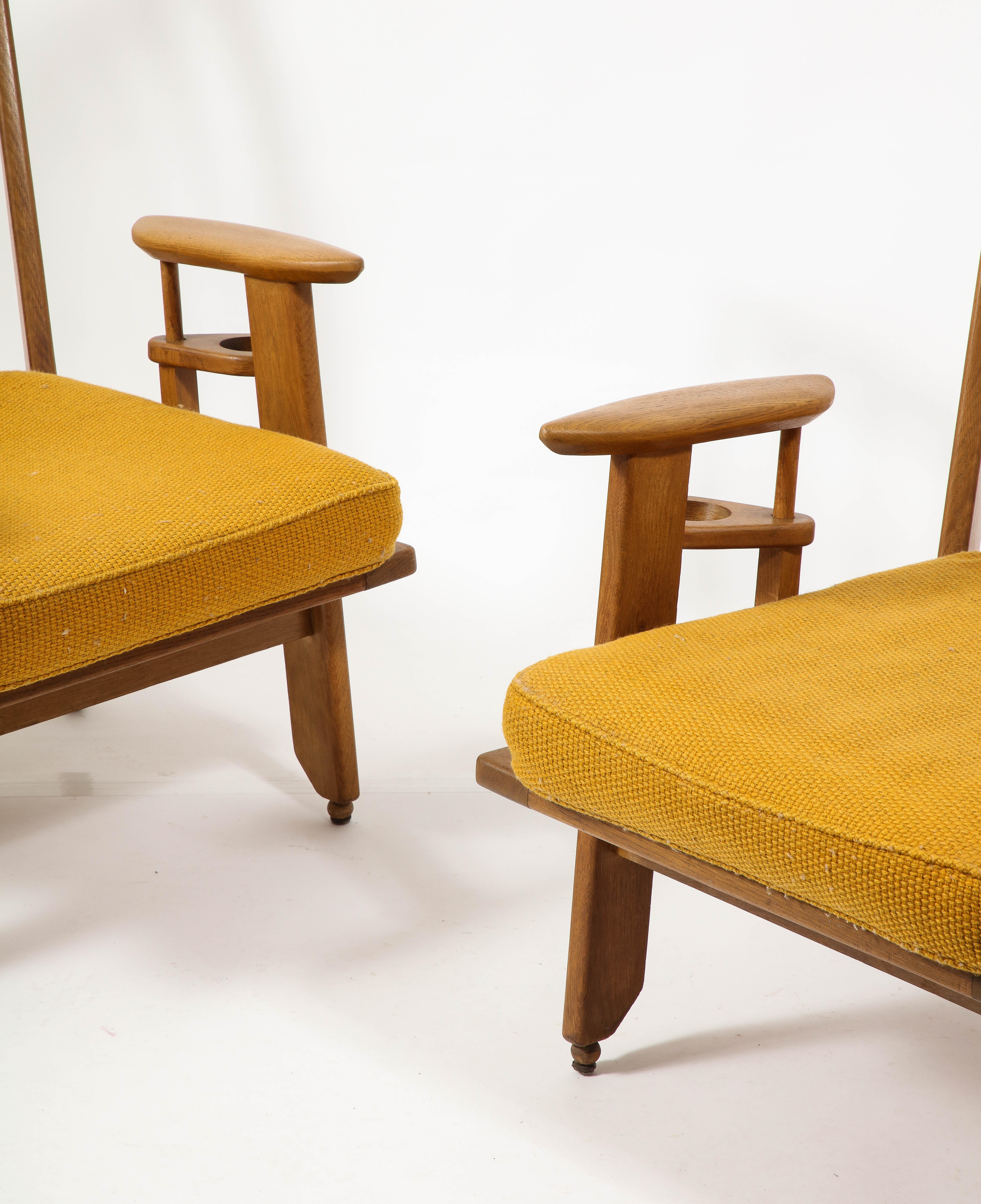 20th Century Large Oak & Wool Guillerme & Chambron Armchairs, France 1960's For Sale