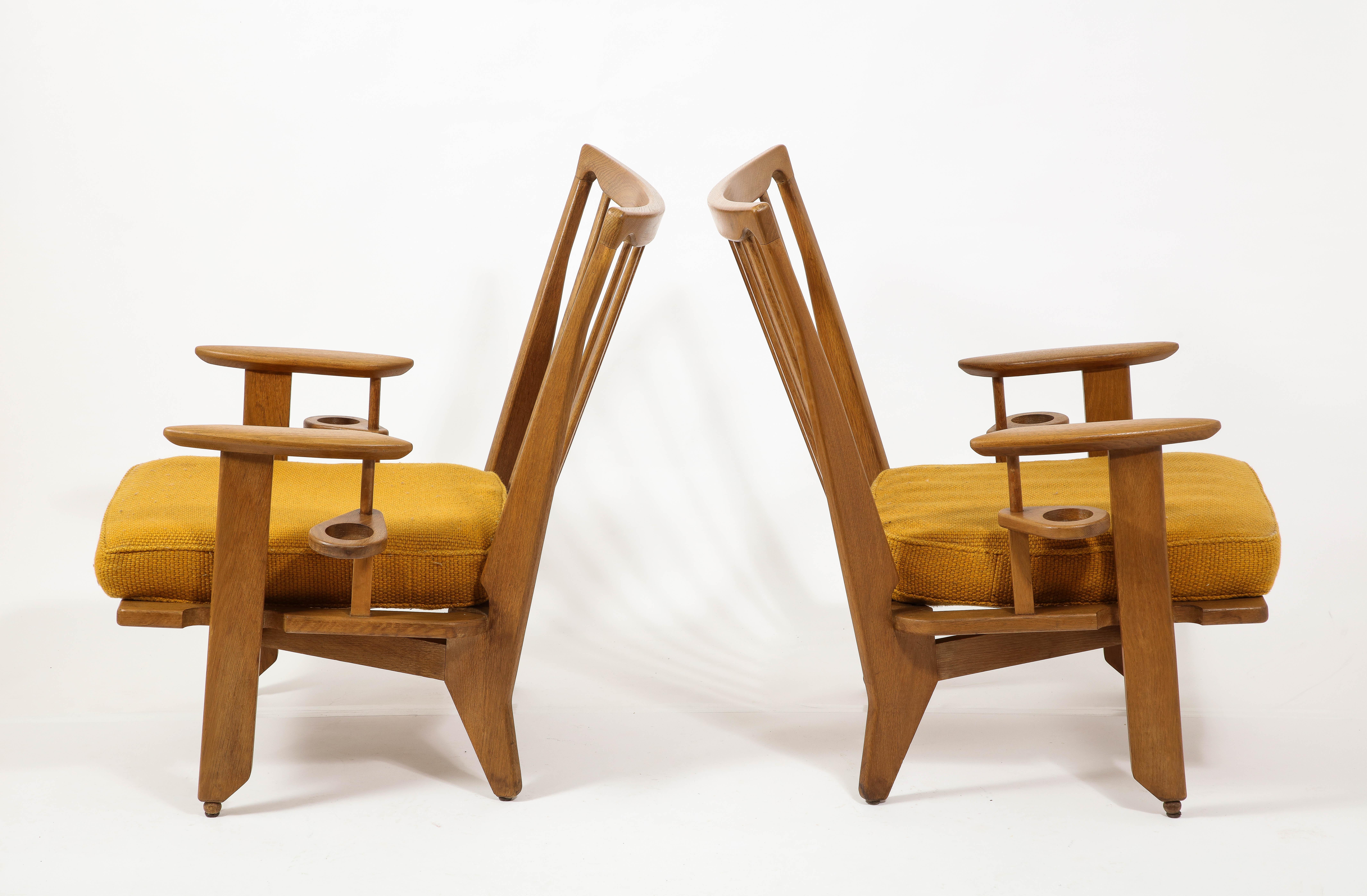Large Oak & Wool Guillerme & Chambron Armchairs, France 1960's For Sale 2