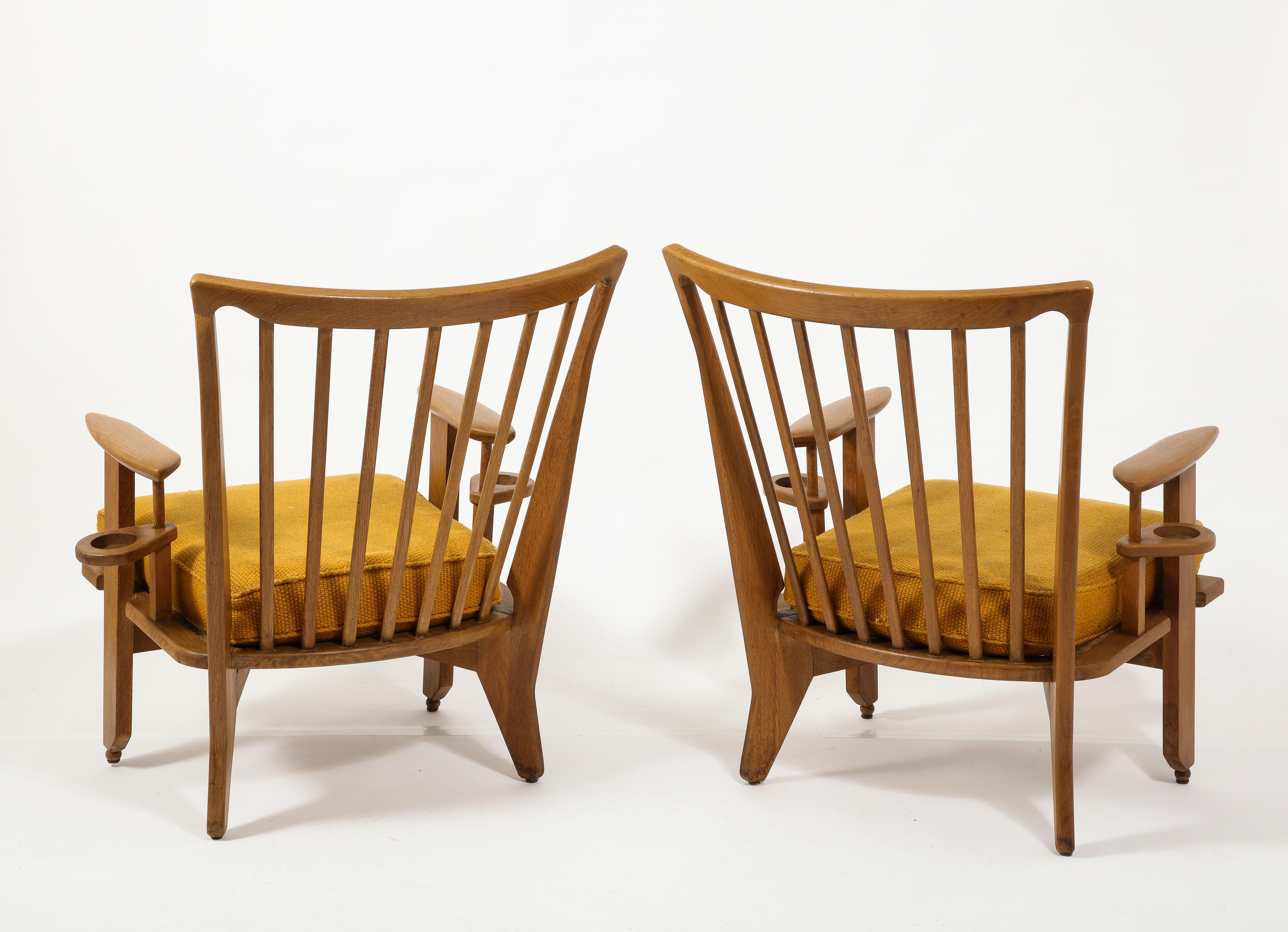 Large Oak & Wool Guillerme & Chambron Armchairs, France 1960's For Sale 3