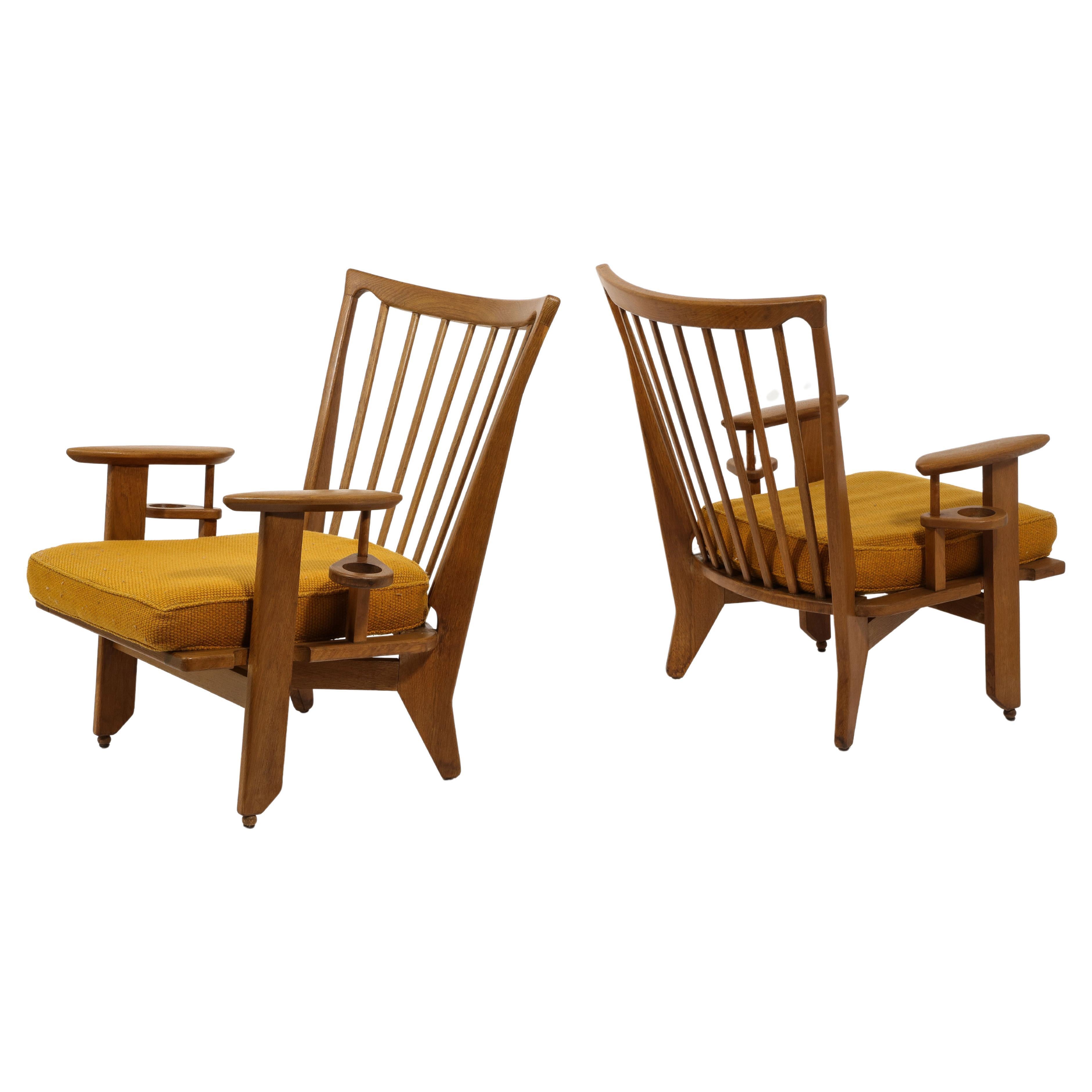 Large Oak & Wool Guillerme & Chambron Armchairs, France 1960's For Sale