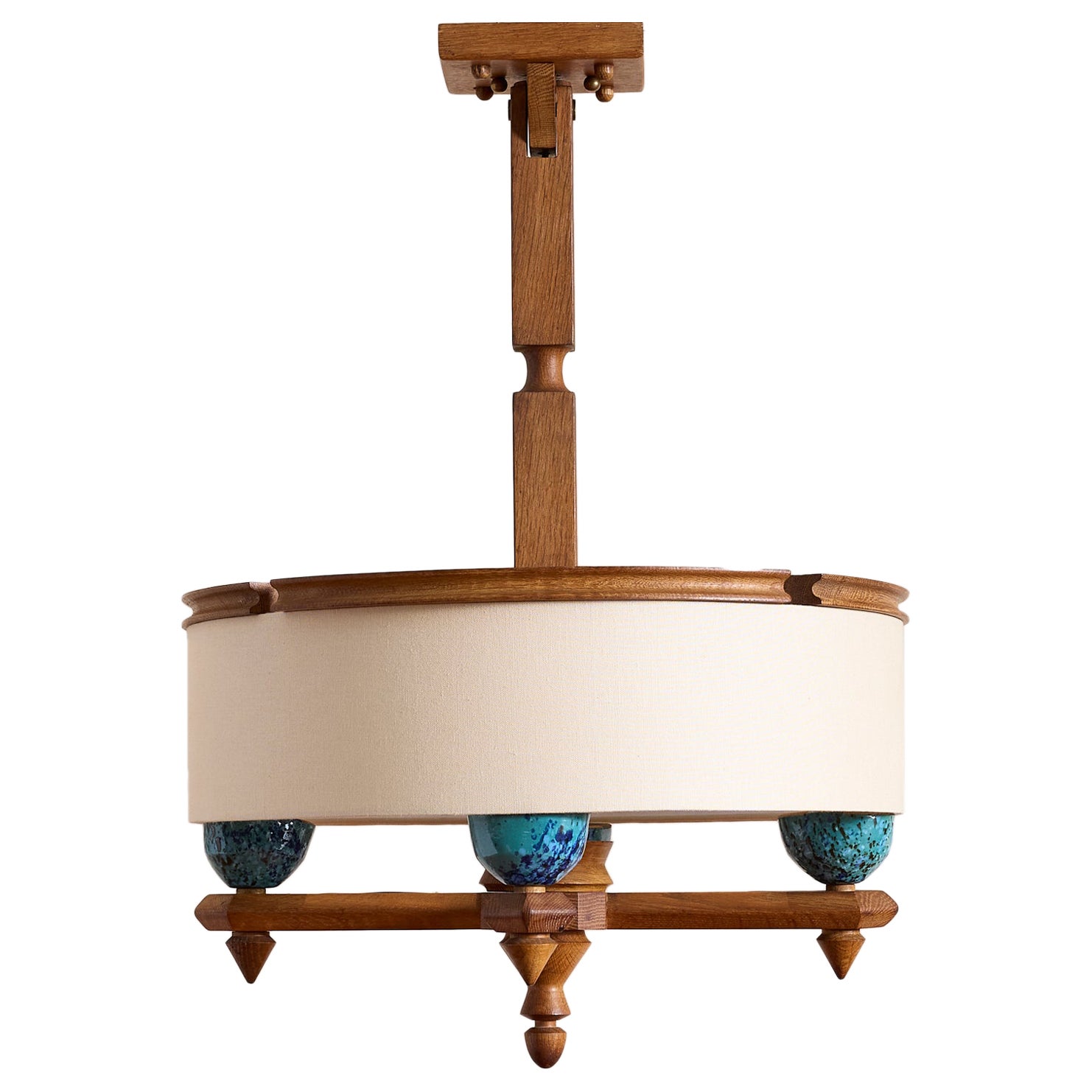 Large Guillerme et Chambron Oak Pendant w/ Turquoise Ceramic For Sale