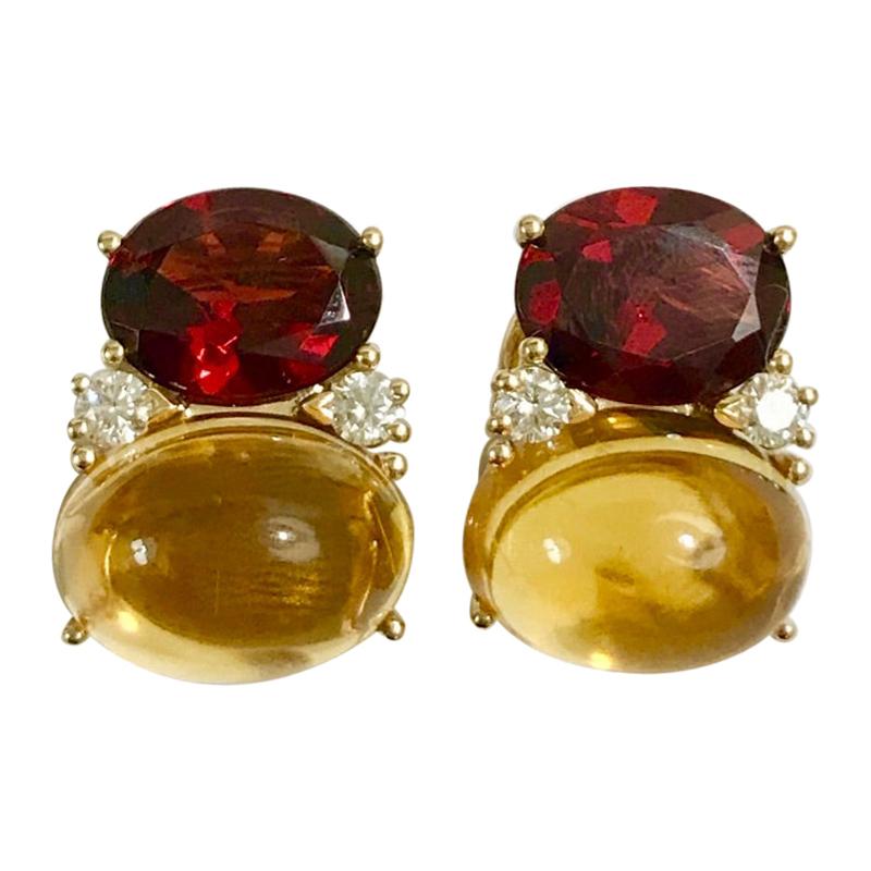 Large GUM DROP Clip Earrings with Garnet and Cabochon Citrine and Diamonds For Sale
