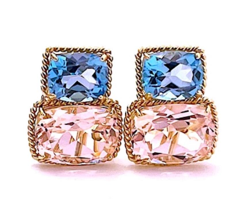 Large GUM DROP Earrings with Blue Topaz and Cabochon Pink Topaz and Diamonds For Sale 4
