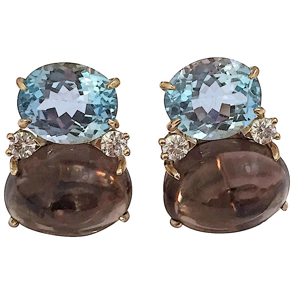 Large GUM DROP Earrings with Blue Topaz and Cabochon Pink Topaz and Diamonds For Sale 14