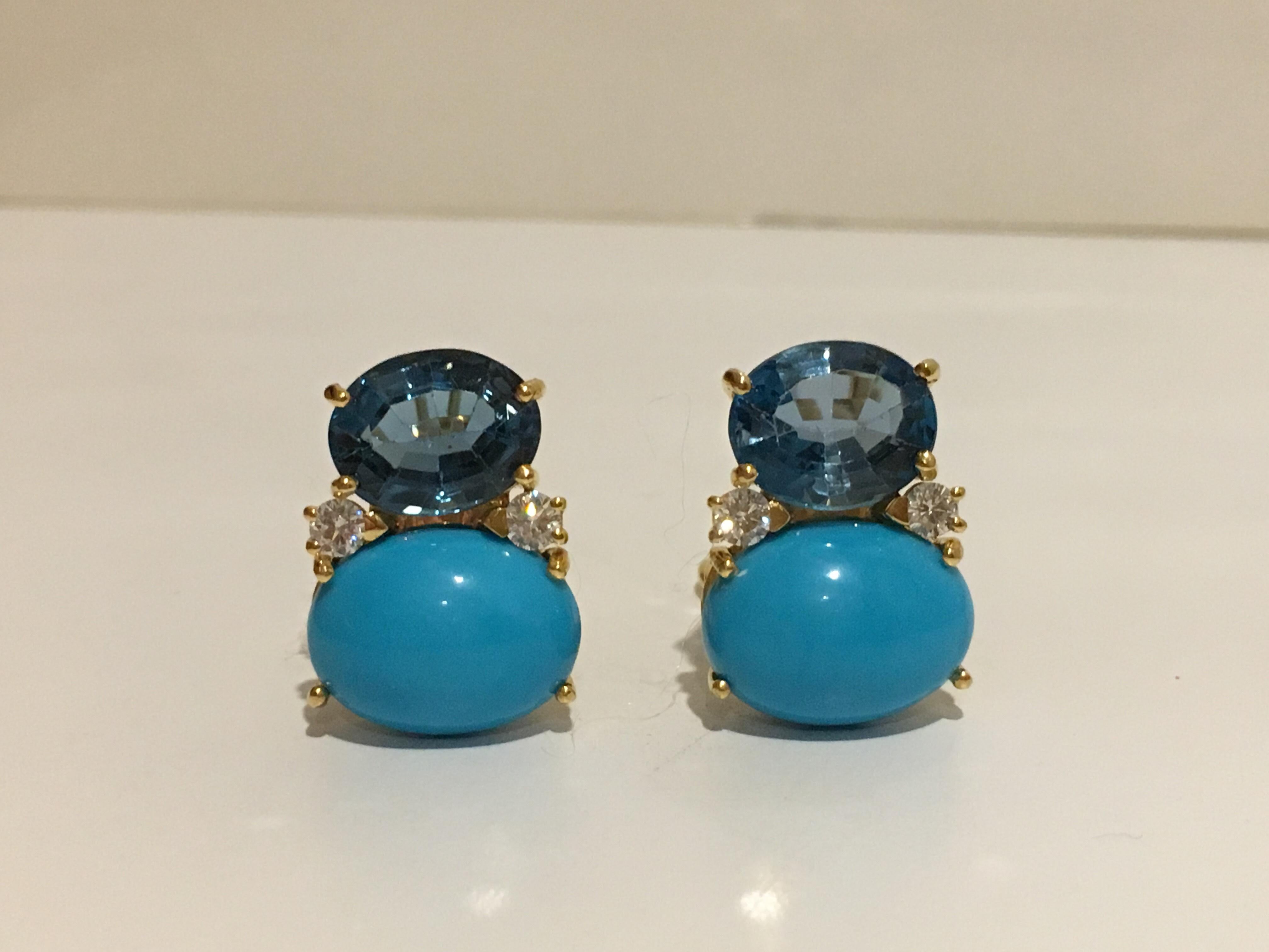Large Gum Drop Earrings with Blue Topaz, Turquoise and Diamonds Clip or Pierced For Sale 5