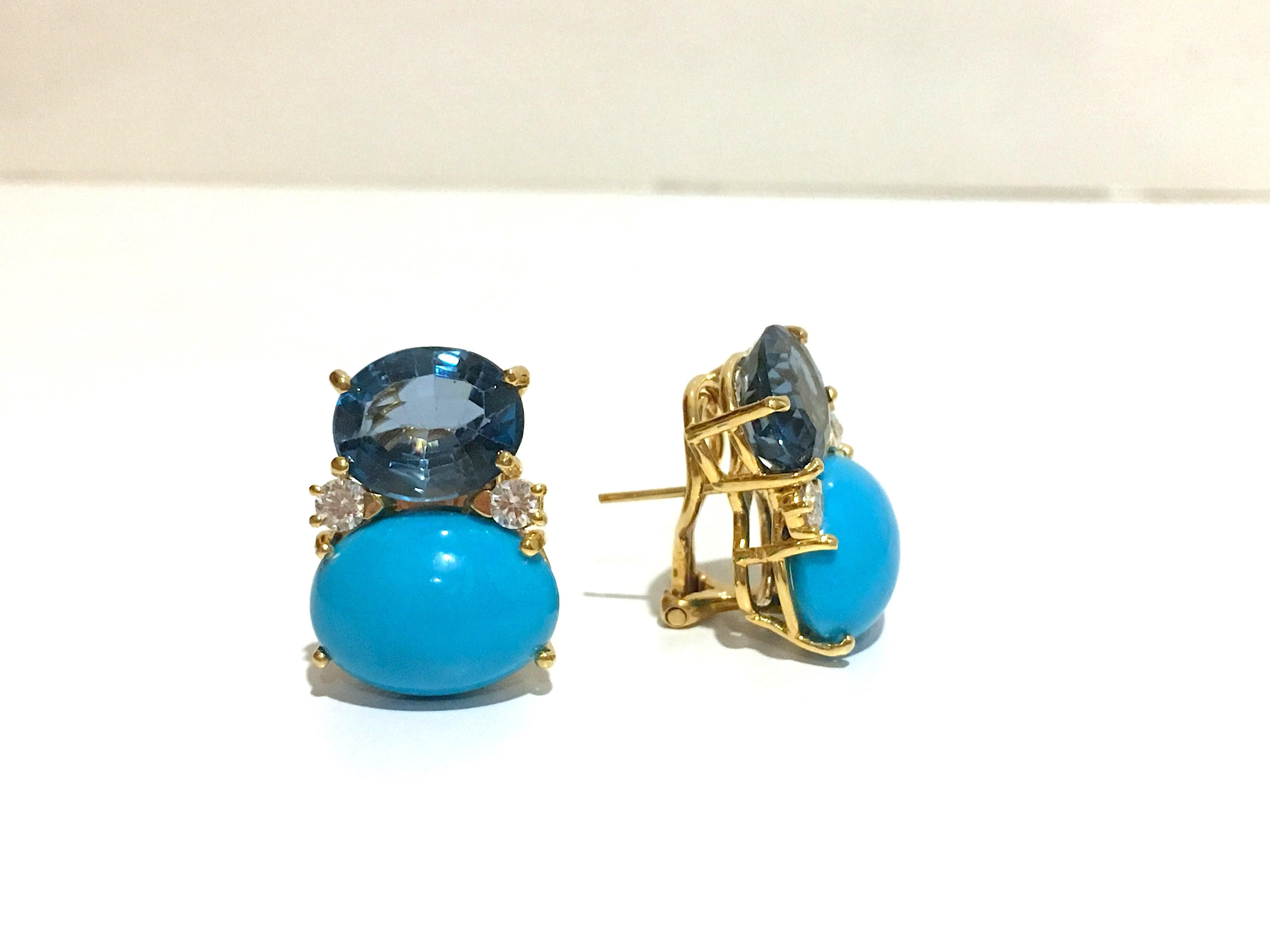 18kt Yellow Gold Large GUM DROP™ Earrings with Blue Topaz and Turquoise and diamonds. 
 
Clip or Pierced

The Blue Topaz is approximately 5 cts each and the Turquoise is approximately 12 cts each, and 4 diamonds weighing approximately 0.60cts

The