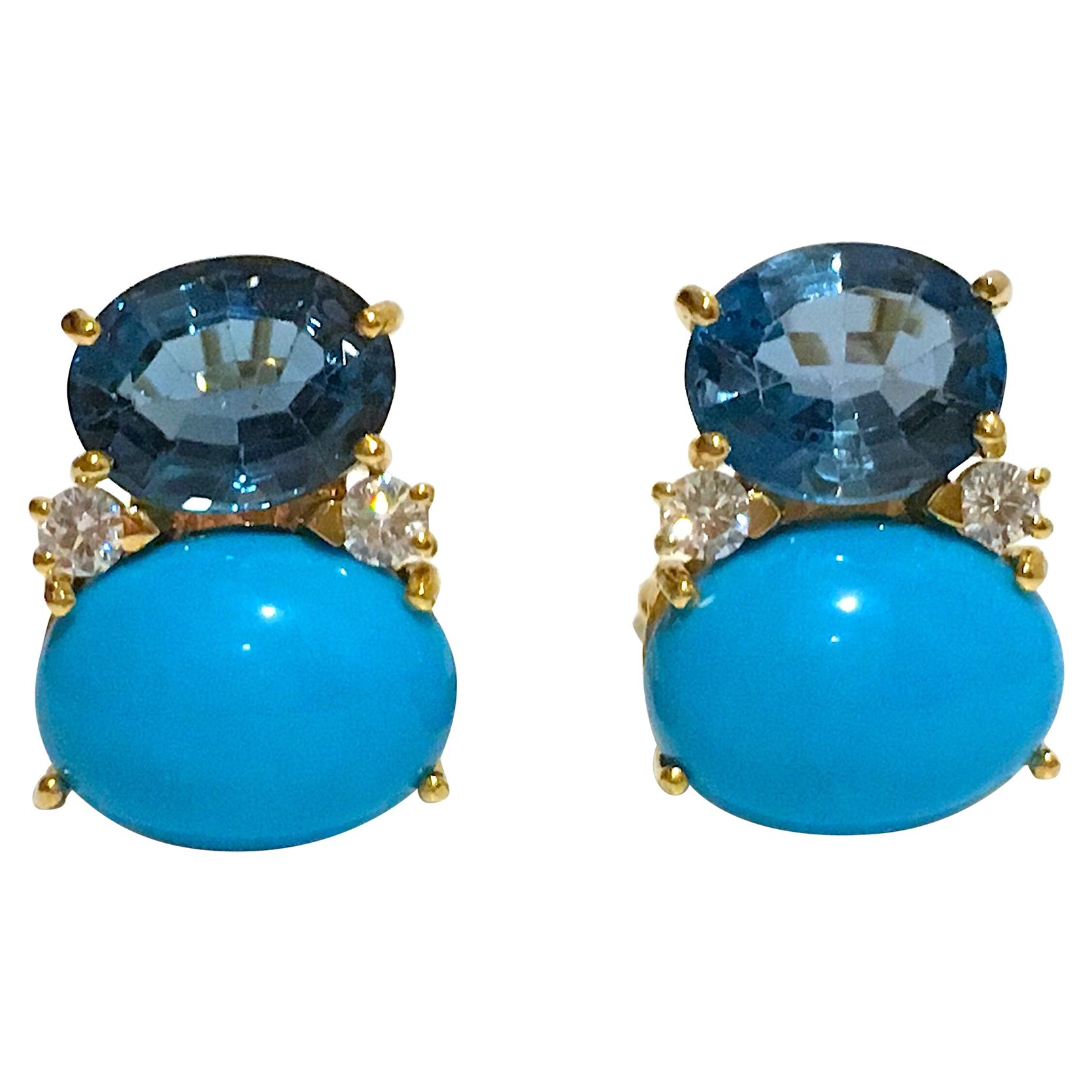 Large Gum Drop Earrings with Blue Topaz, Turquoise and Diamonds Clip or Pierced For Sale
