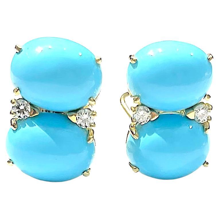 Large Gum Drop Earrings with Cabochon Turquoise and Diamonds For Sale 7