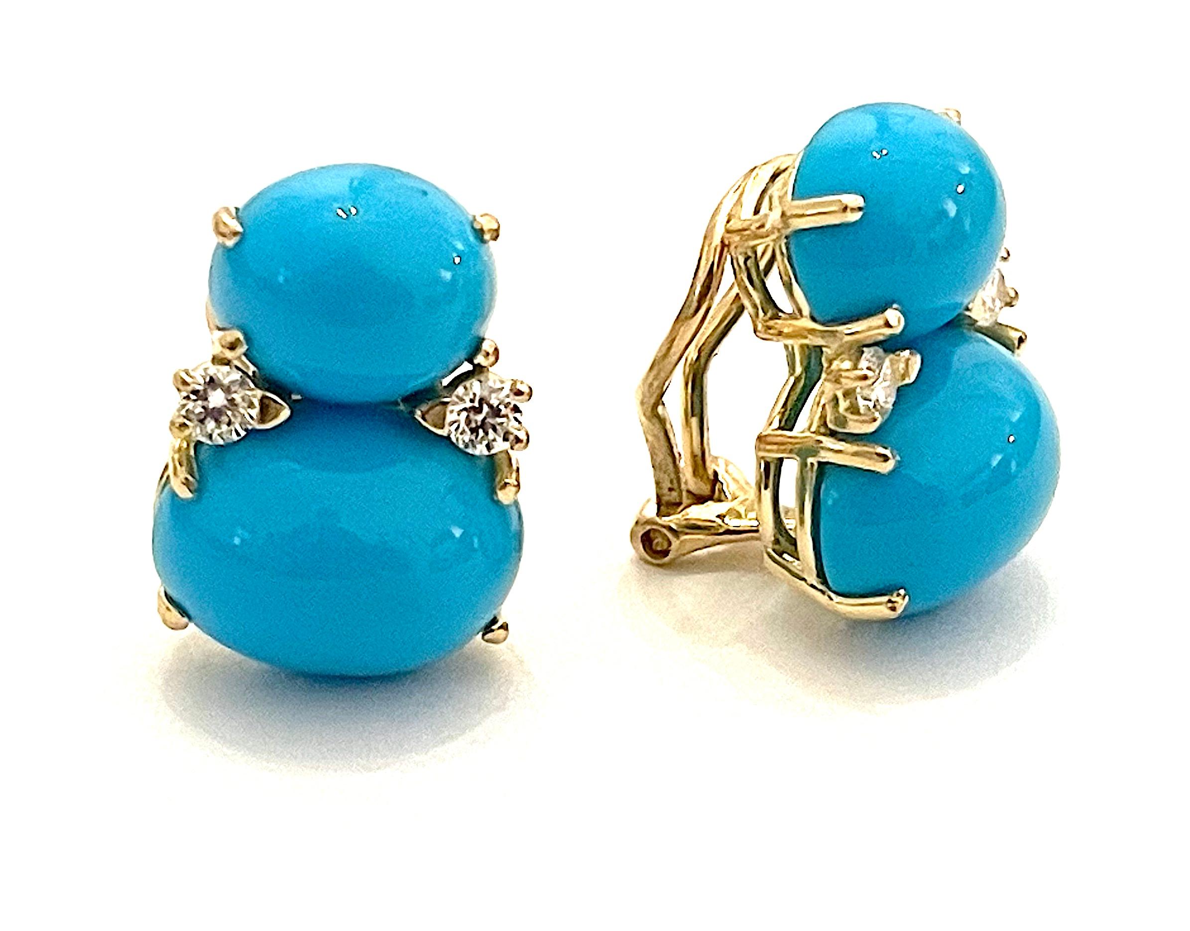 Contemporary Christina Addison Large Gum Drop Earrings with Cabochon Turquoise and Diamonds For Sale