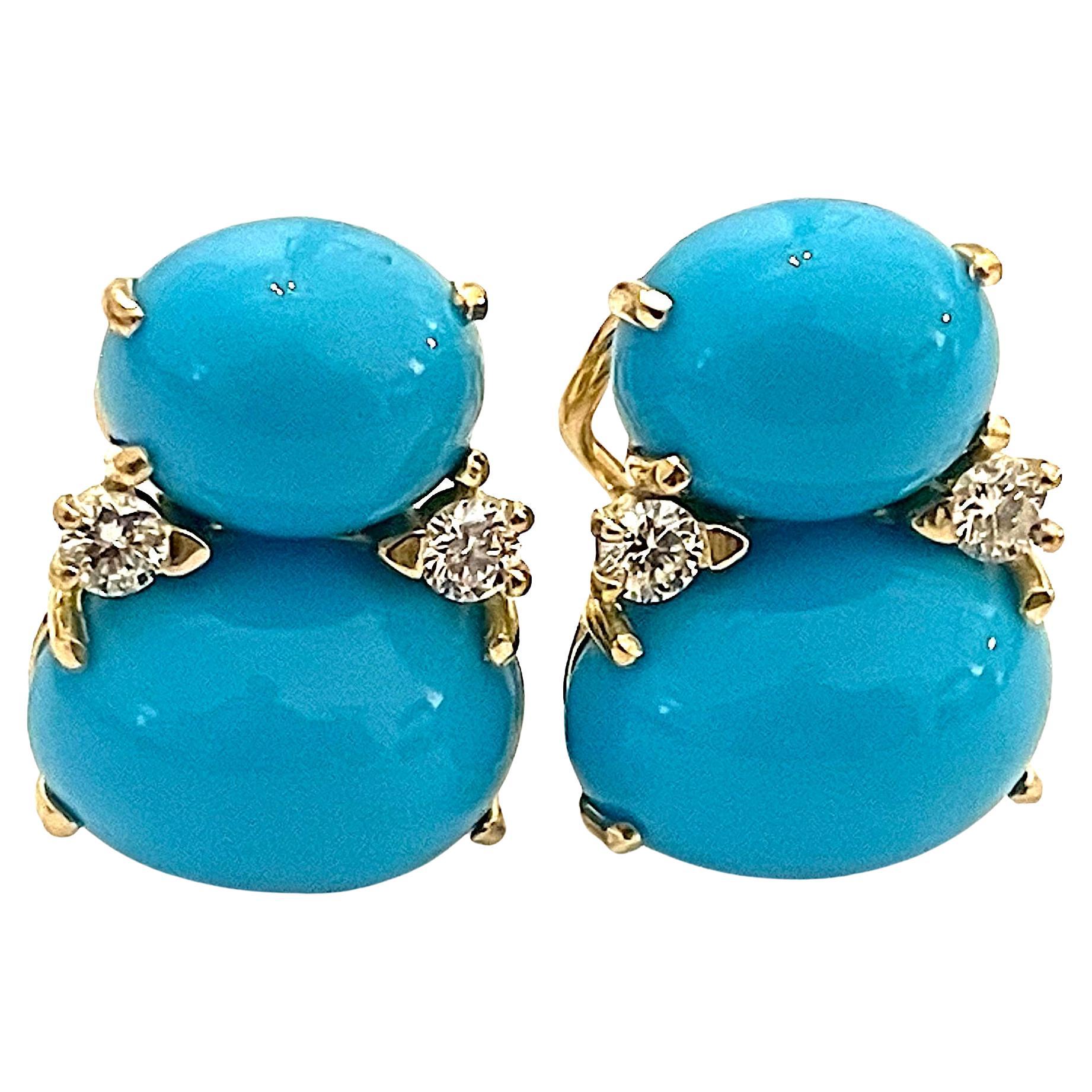 Large Gum Drop Earrings with Cabochon Turquoise and Diamonds