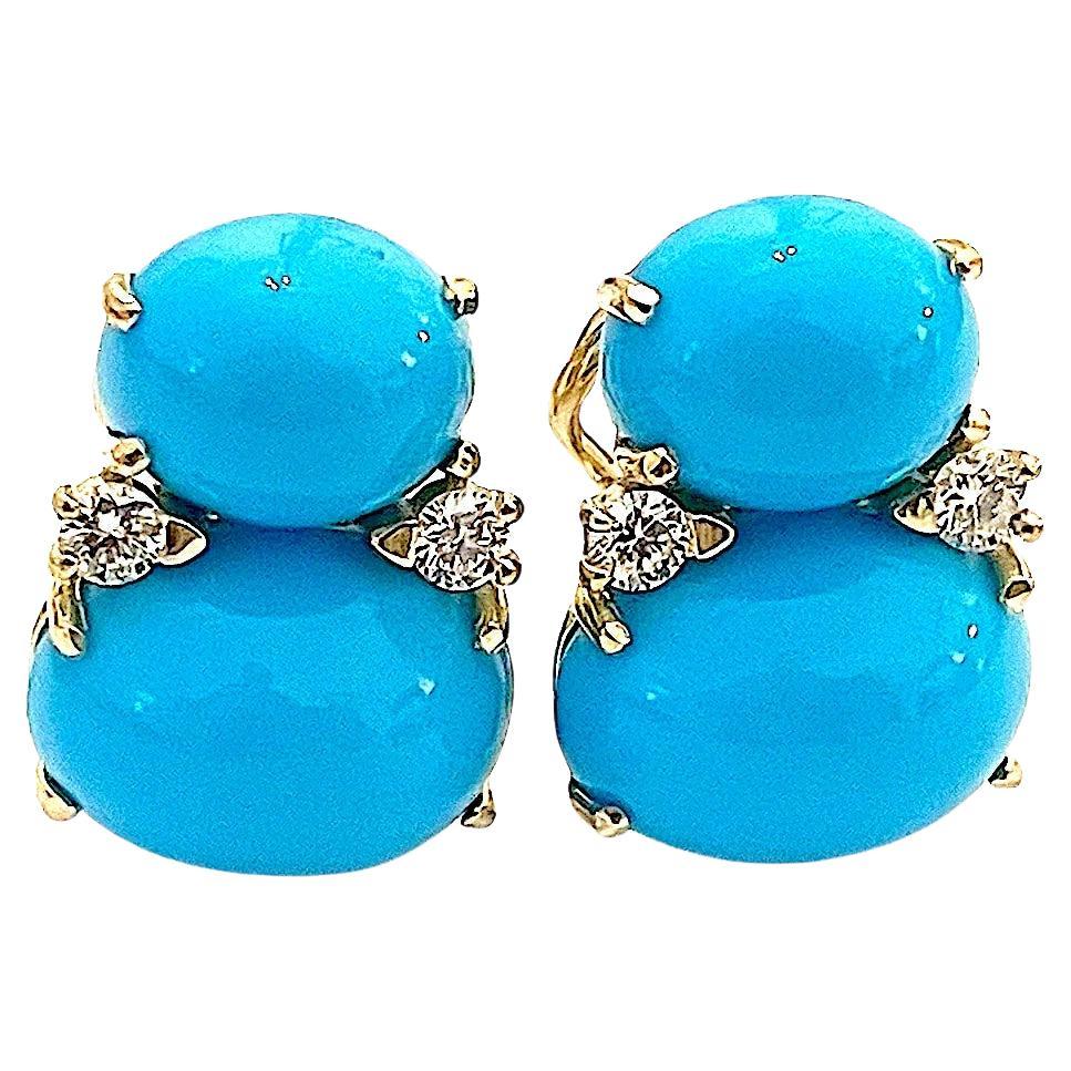 Large Gum Drop Earrings with Cabochon Turquoise and Diamonds For Sale