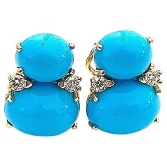 Used Large Gum Drop Earrings with Cabochon Turquoise and Diamonds