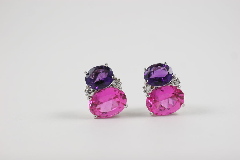 Oval Cut Large GUM DROP Earrings with Deep Amethyst and Pink Topaz and Diamonds For Sale