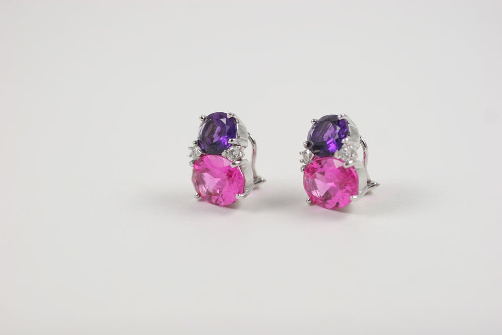 Large GUM DROP Earrings with Deep Amethyst and Pink Topaz and Diamonds In New Condition For Sale In New York, NY