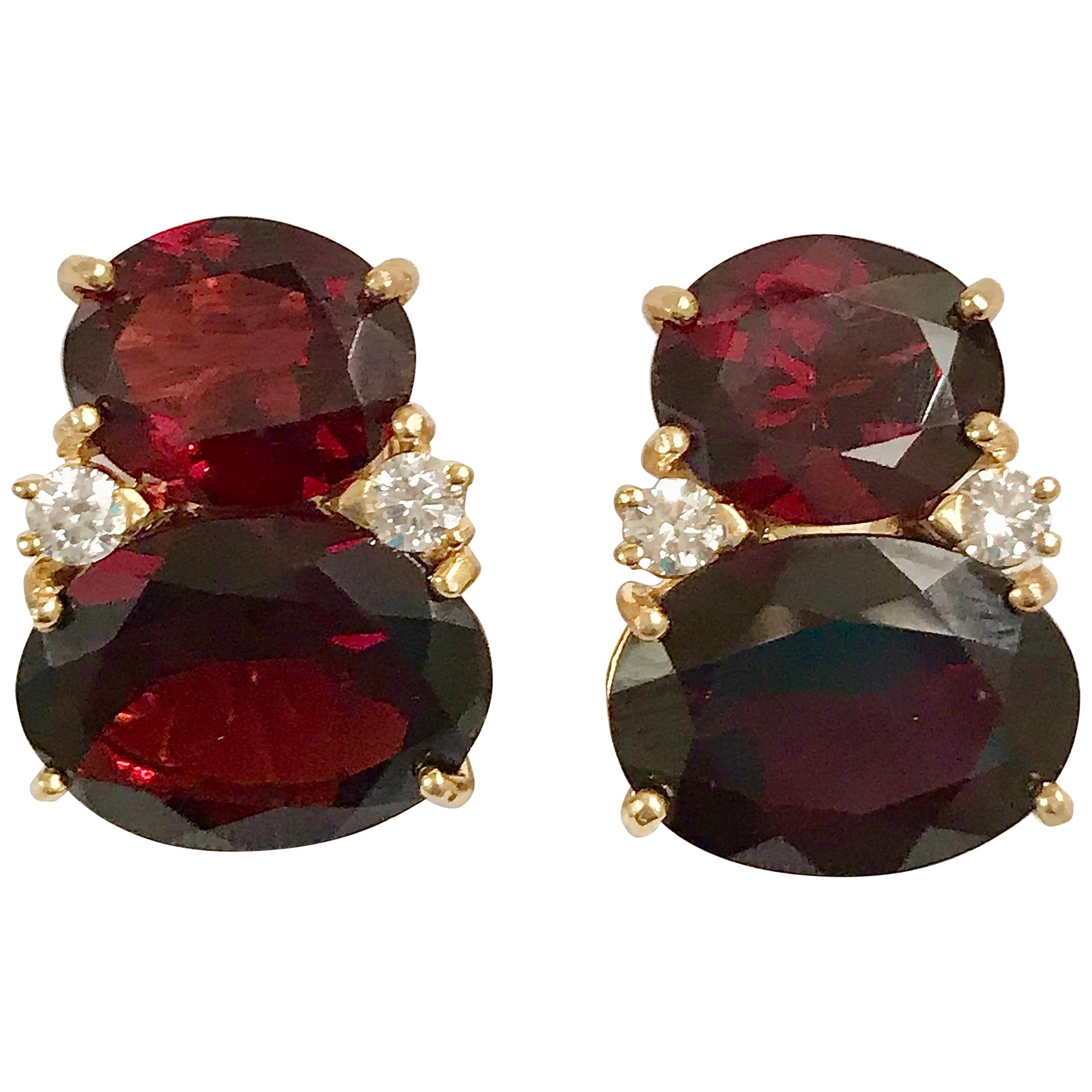 Large GUM DROP Earrings with Faceted Garnet and Diamonds Clip or Pierced