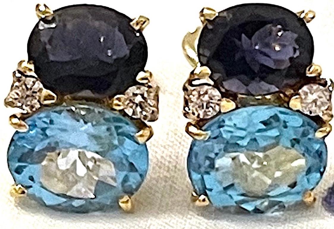 Large Gum Drop Earrings with Green Amethyst and Pale Blue Topaz and Diamonds For Sale 6