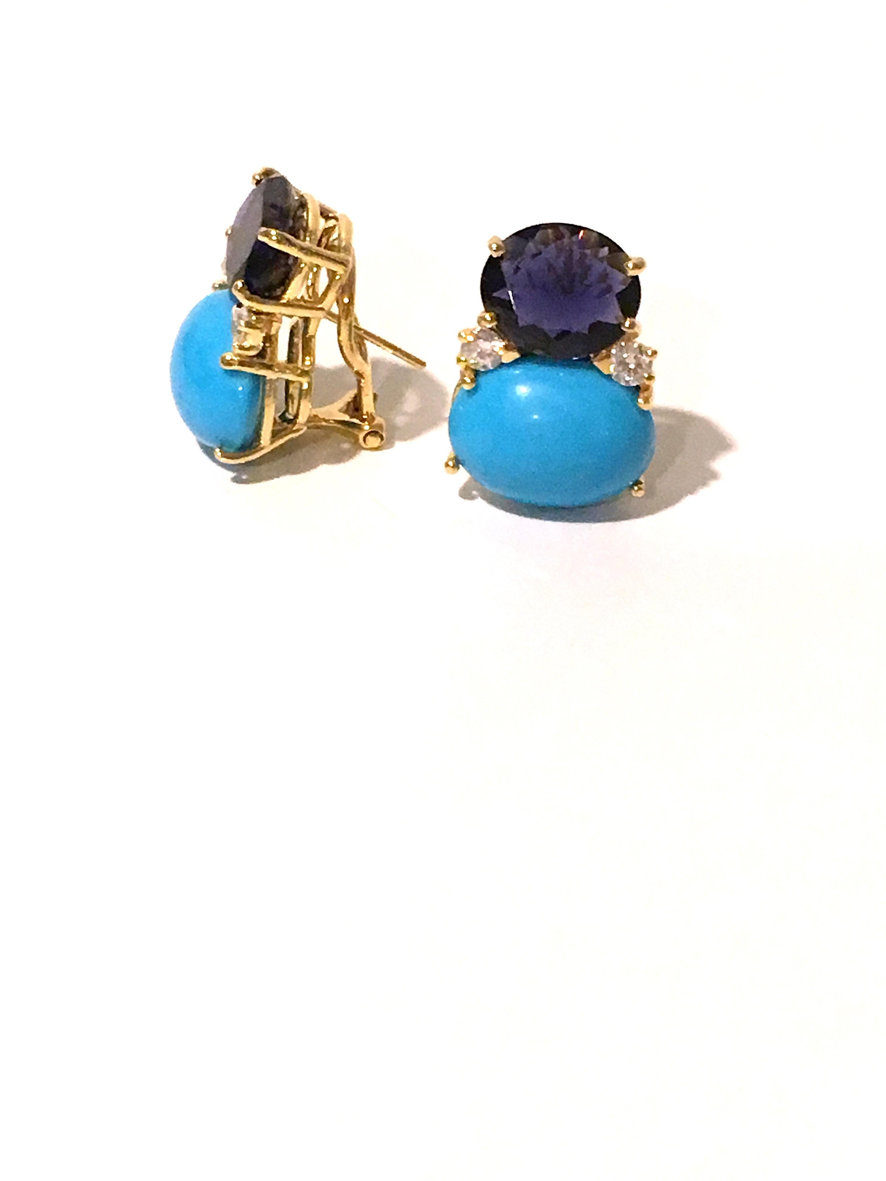 18kt Yellow Gold Large GUM DROP™ Earrings with Iolite, and Turquoise and diamonds. 
 
Clip or Pierced

The Iolite is approximately 5 cts each and the Turquoise is approximately 12 cts each, and 4 diamonds weighing approximately 0.60cts

The earrings