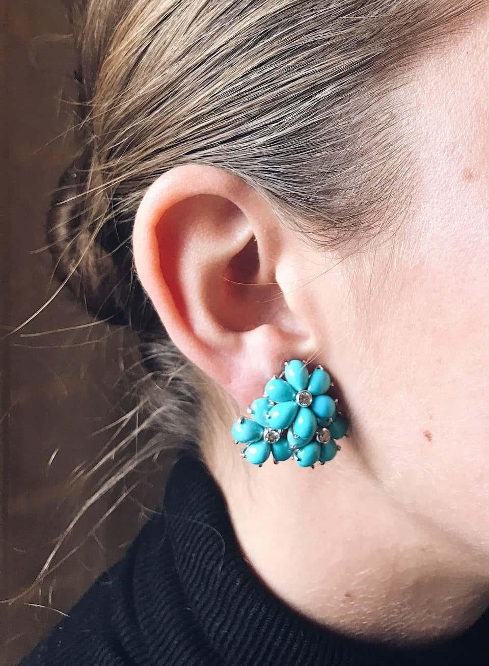 Large Gum Drop Earrings with Iolite, Turquoise and Diamonds Clip or Pierced For Sale 11