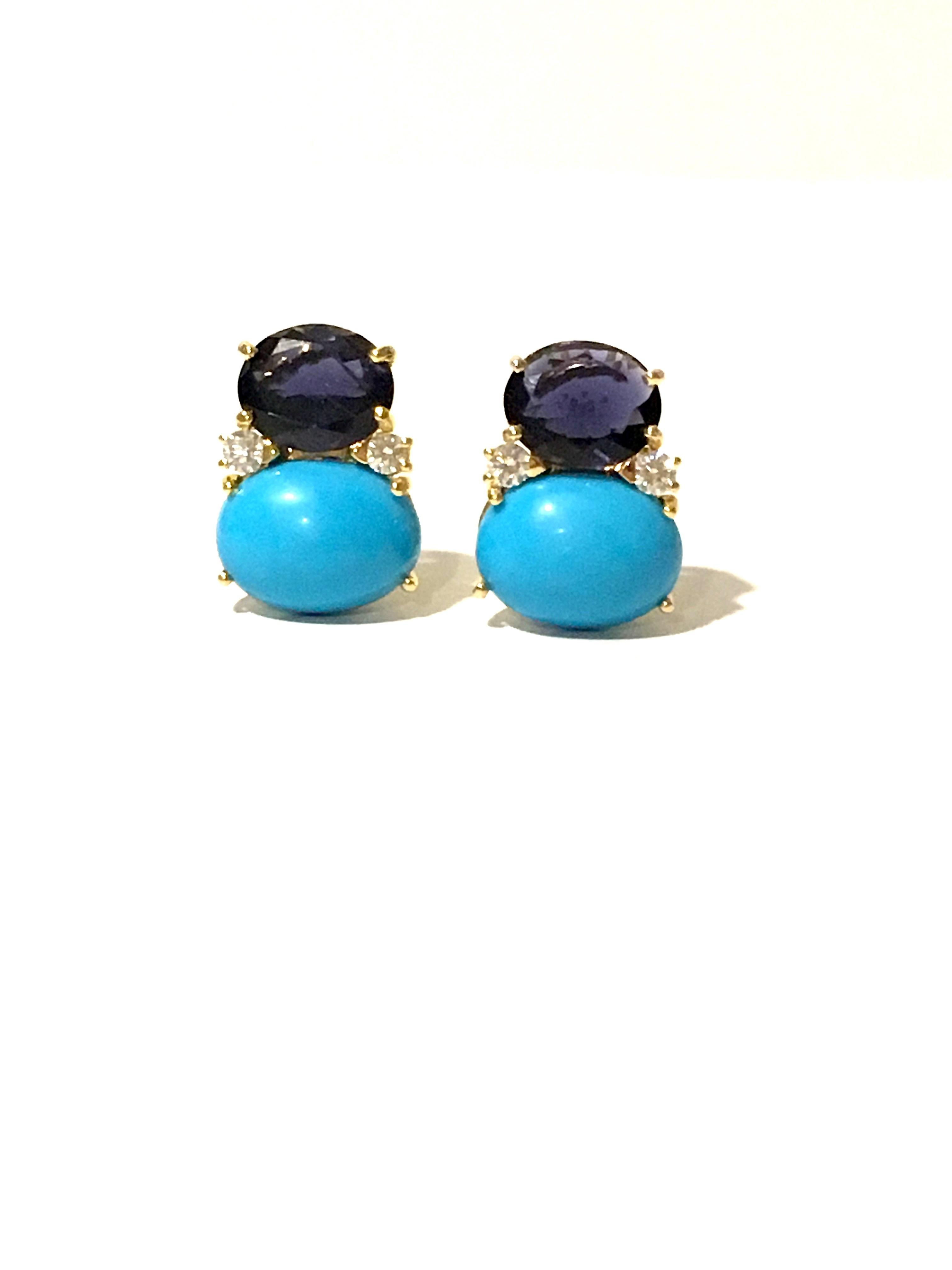 Taille cabochon Boucles d'oreilles pendantes avec iolite, turquoise et diamants en vente