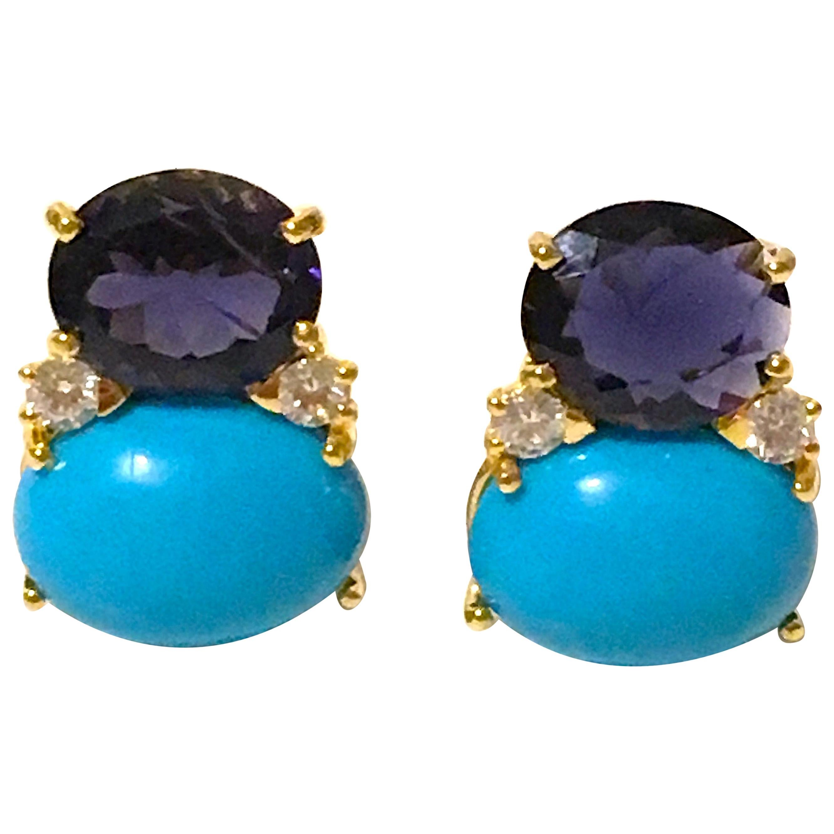 Large Gum Drop Earrings with Iolite, Turquoise and Diamonds Clip or Pierced For Sale