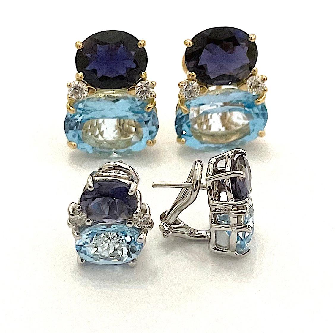 Large Gum Drop Earrings with Pale Blue Topaz and Bright Amethyst and Diamonds For Sale 10