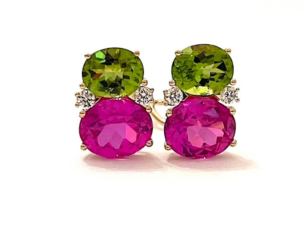 Large GUM DROP Earrings with Peridot and Pink Topaz and Diamonds In New Condition For Sale In New York, NY