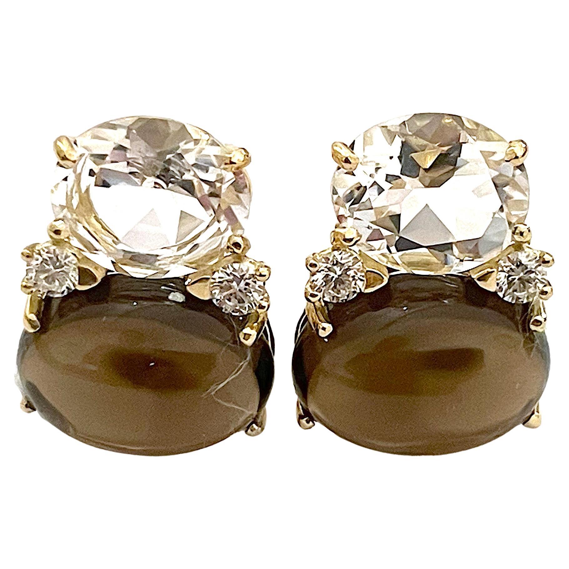 Grandes boucles d'oreilles en forme de Gum avec topaze fumée en cristal de roche et diamants  en vente