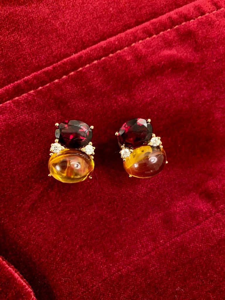 Contemporary Large GUM DROP Clip Earrings with Garnet and Cabochon Citrine and Diamonds For Sale